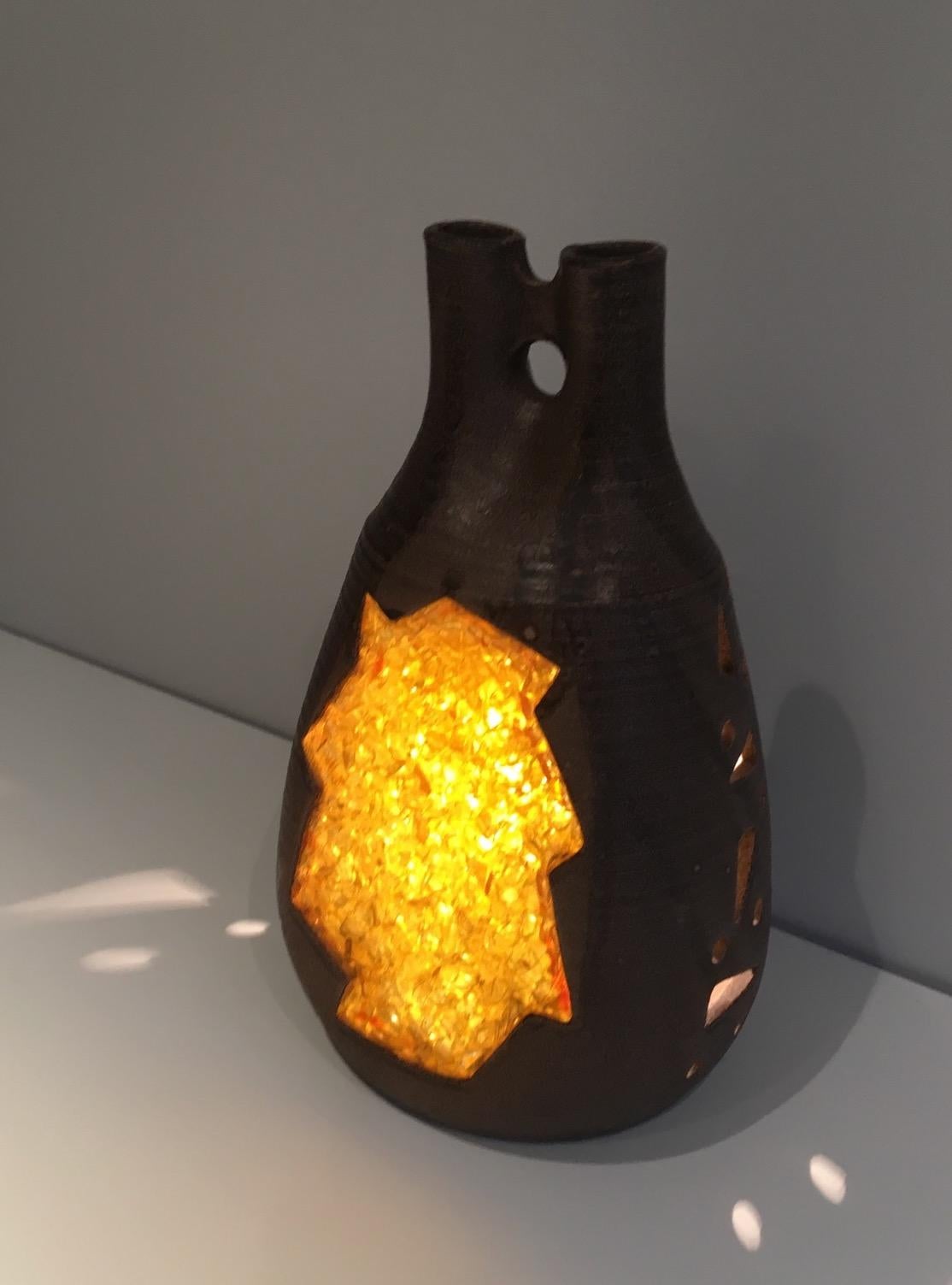 Unusual Ceramic and Yellow Glass Lamp, circa 1970 5