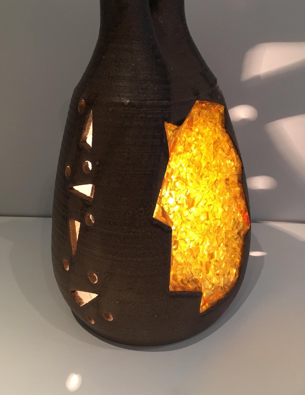 French Unusual Ceramic and Yellow Glass Lamp, Circa 1970 For Sale