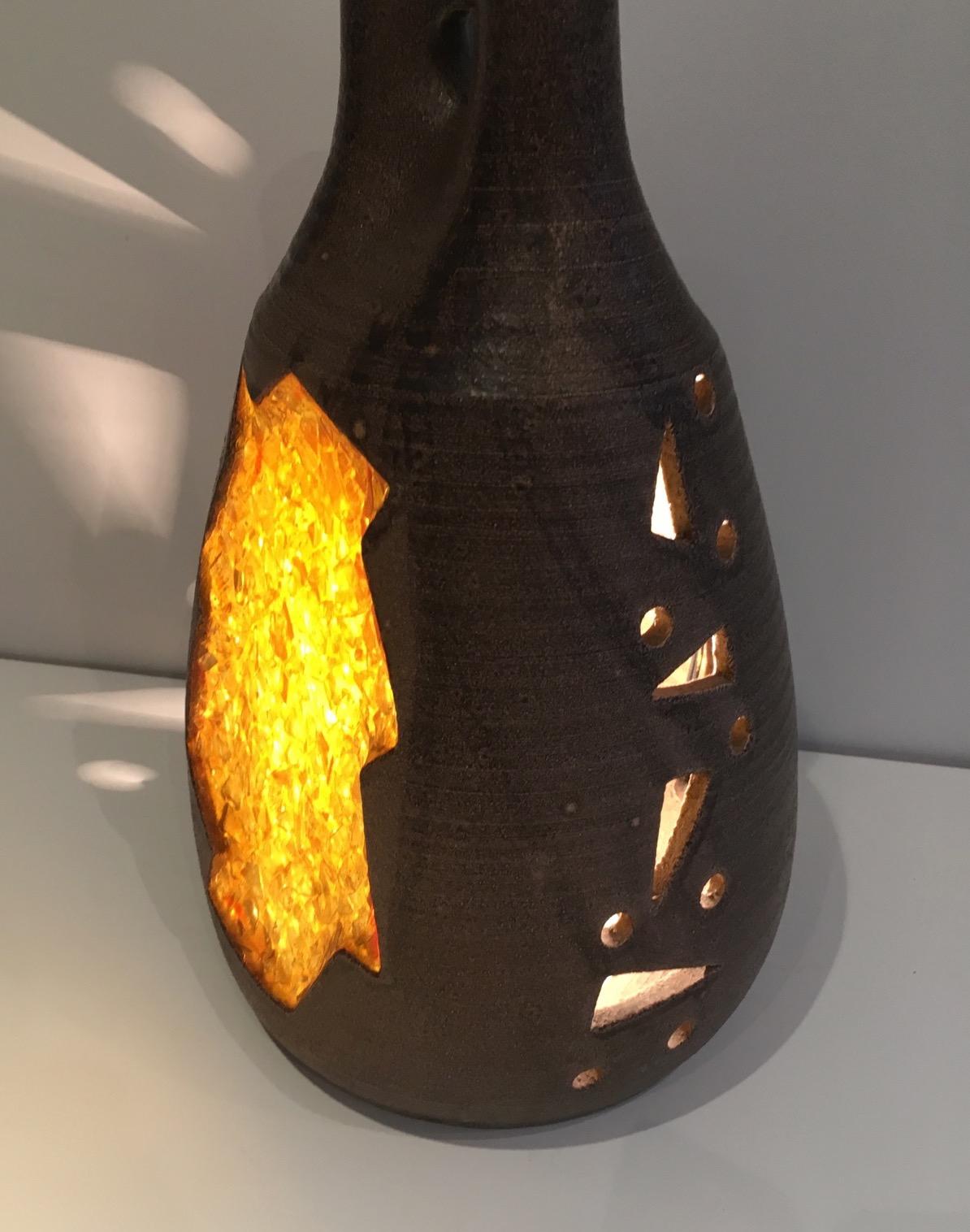 Late 20th Century Unusual Ceramic and Yellow Glass Lamp, circa 1970 For Sale