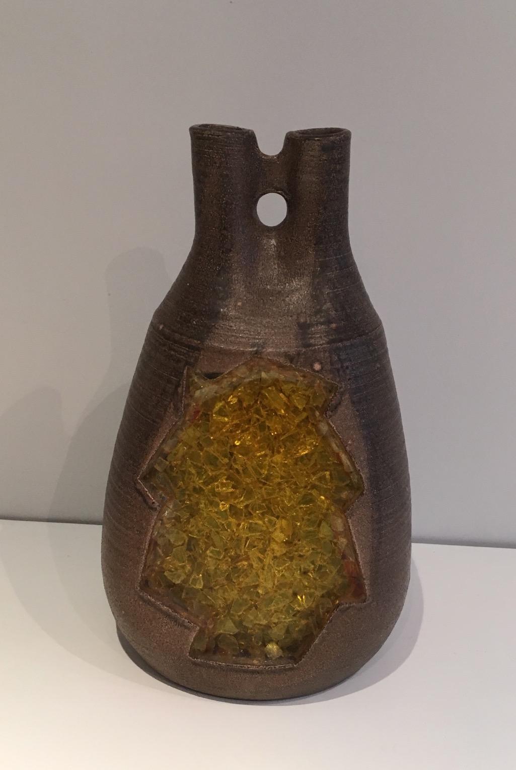 Unusual Ceramic and Yellow Glass Lamp, circa 1970 2