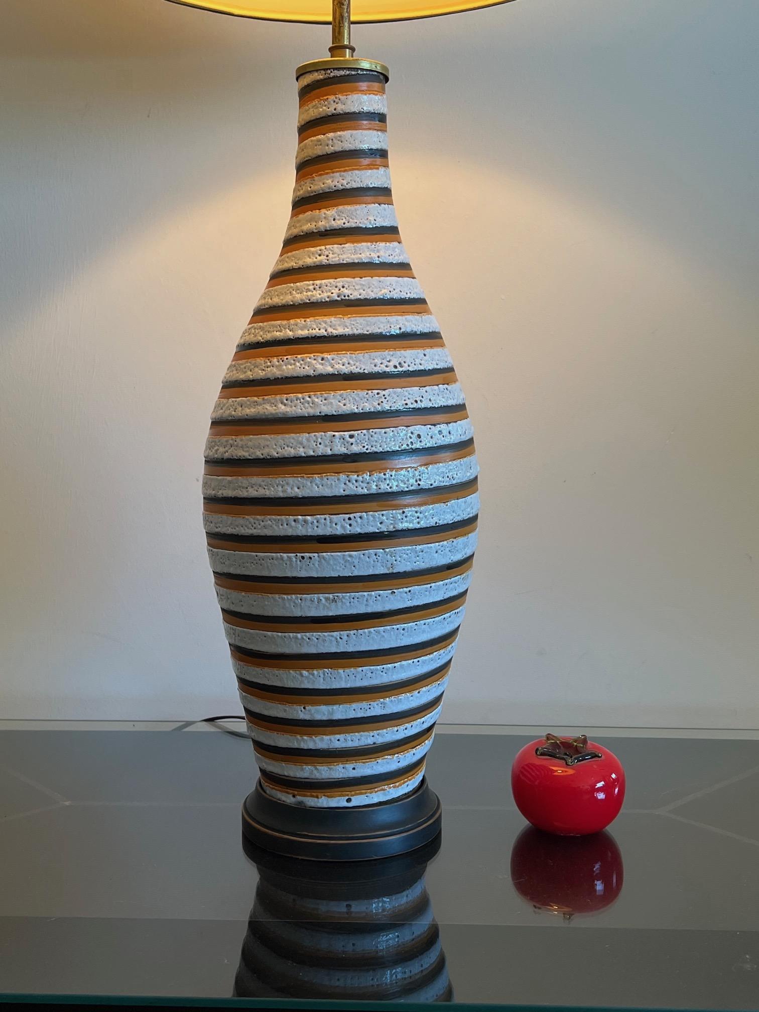 Outstanding and rare lamp by Bitossi, made in Italy ca' 1960's. Beautiful hand painted swirl decoration of orange brown, contrasting with more bulbous and volcanic glaze. A truly special lamp. Measures approx. 8