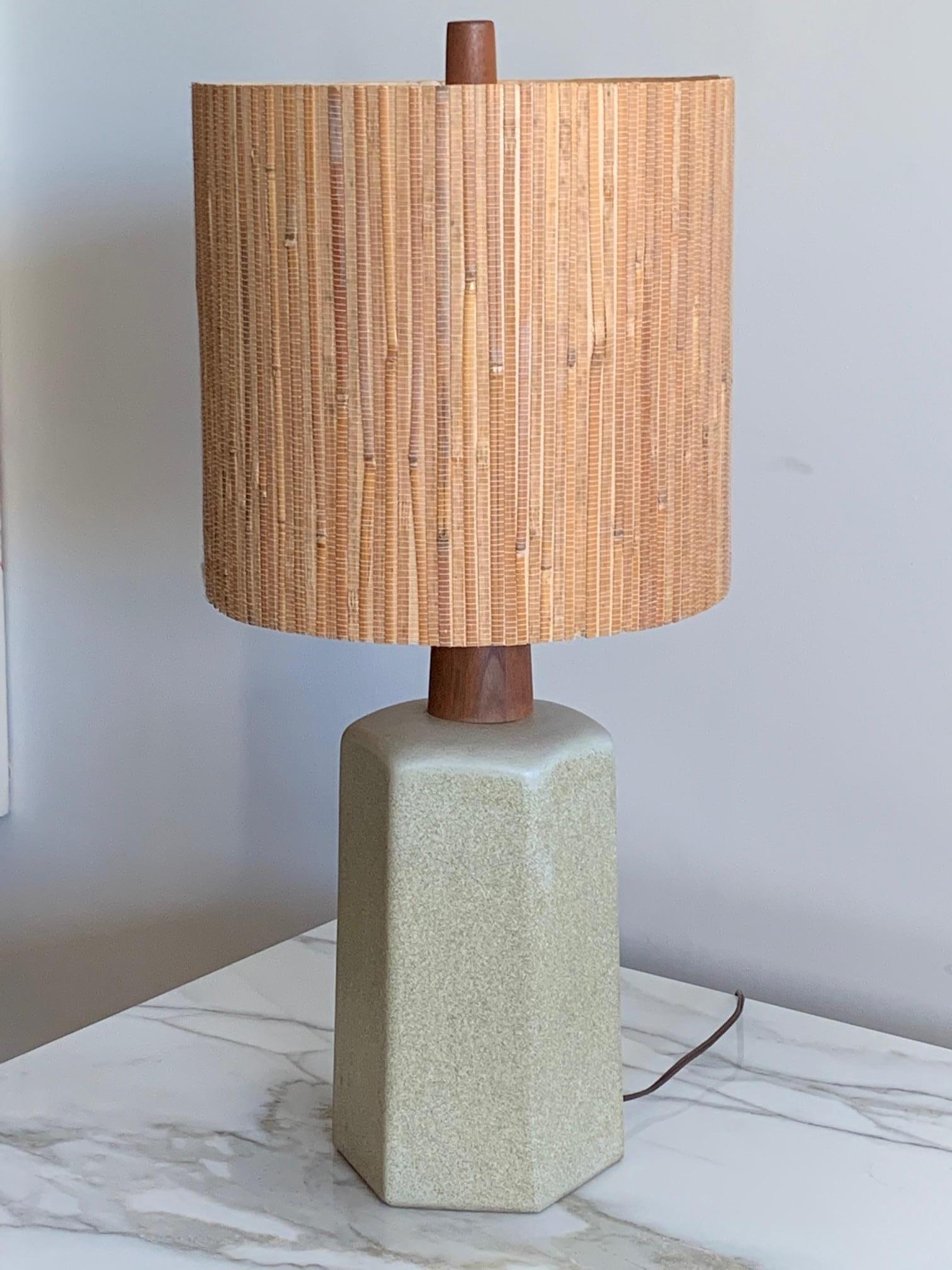 An unusual hexagonal ceramic lamp by Gordon Martz for Marshall studios, circa 1950s. It measures 11