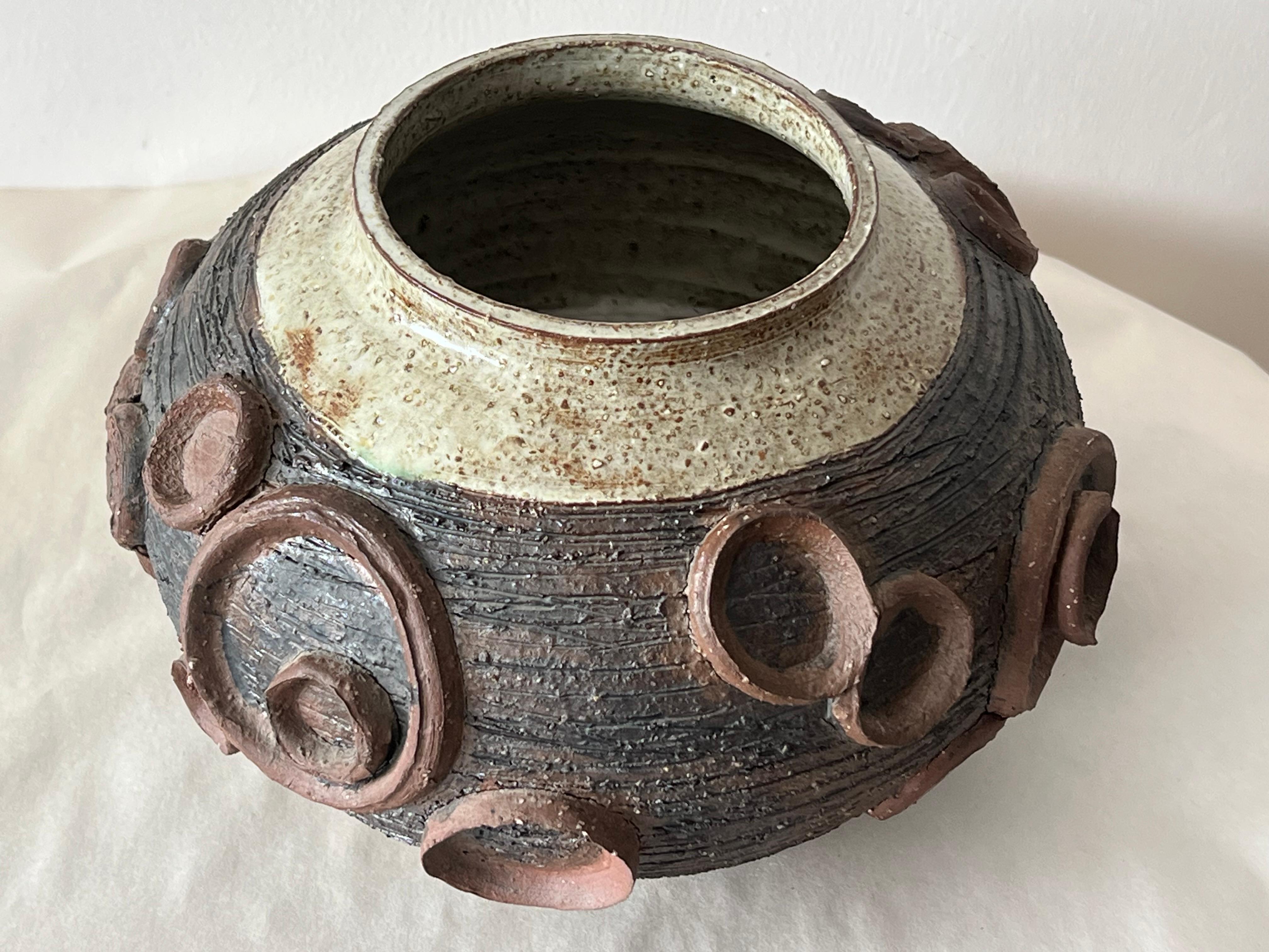Mid-Century Modern Unusual Ceramic Studio Vase By Elinor Jensen ca' 1960's Raku Heavy- For Sale