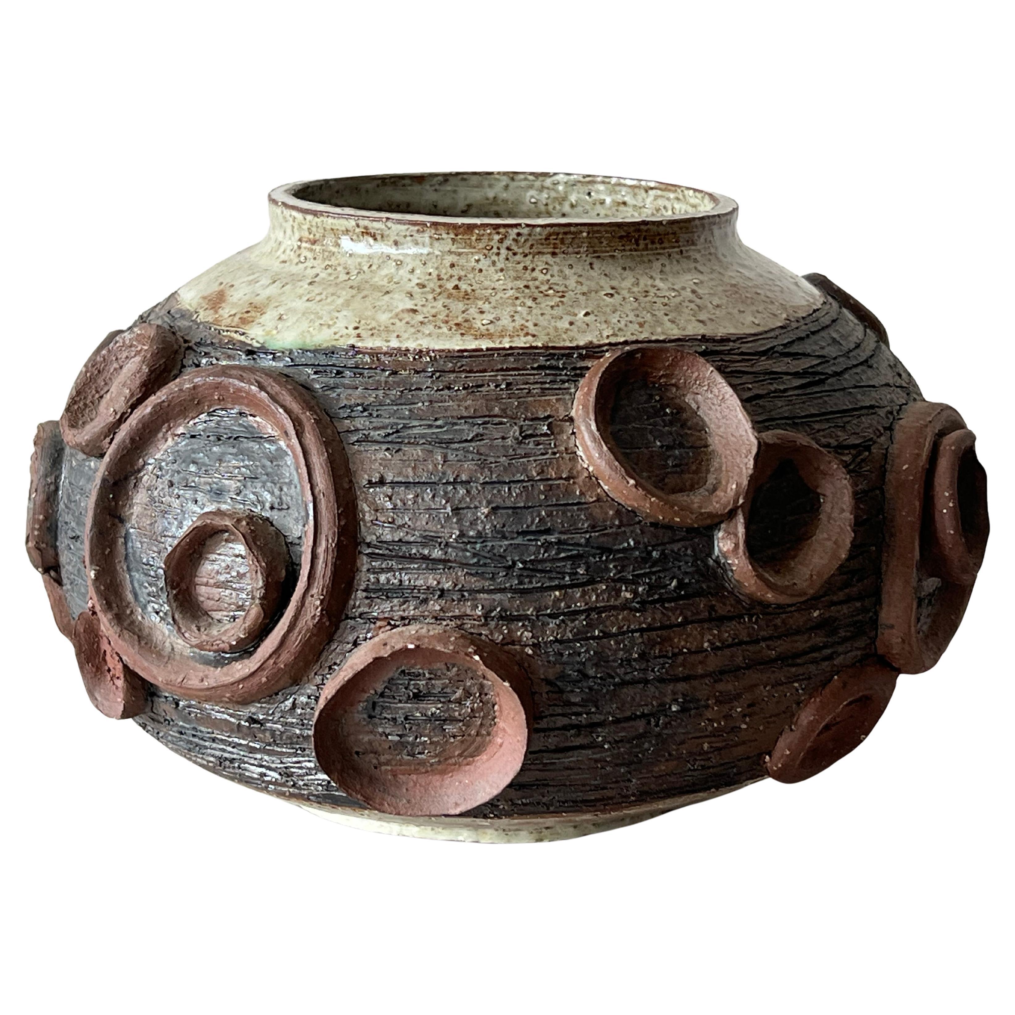 Unusual Ceramic Studio Vase By Elinor Jensen ca' 1960's Raku Heavy- For Sale