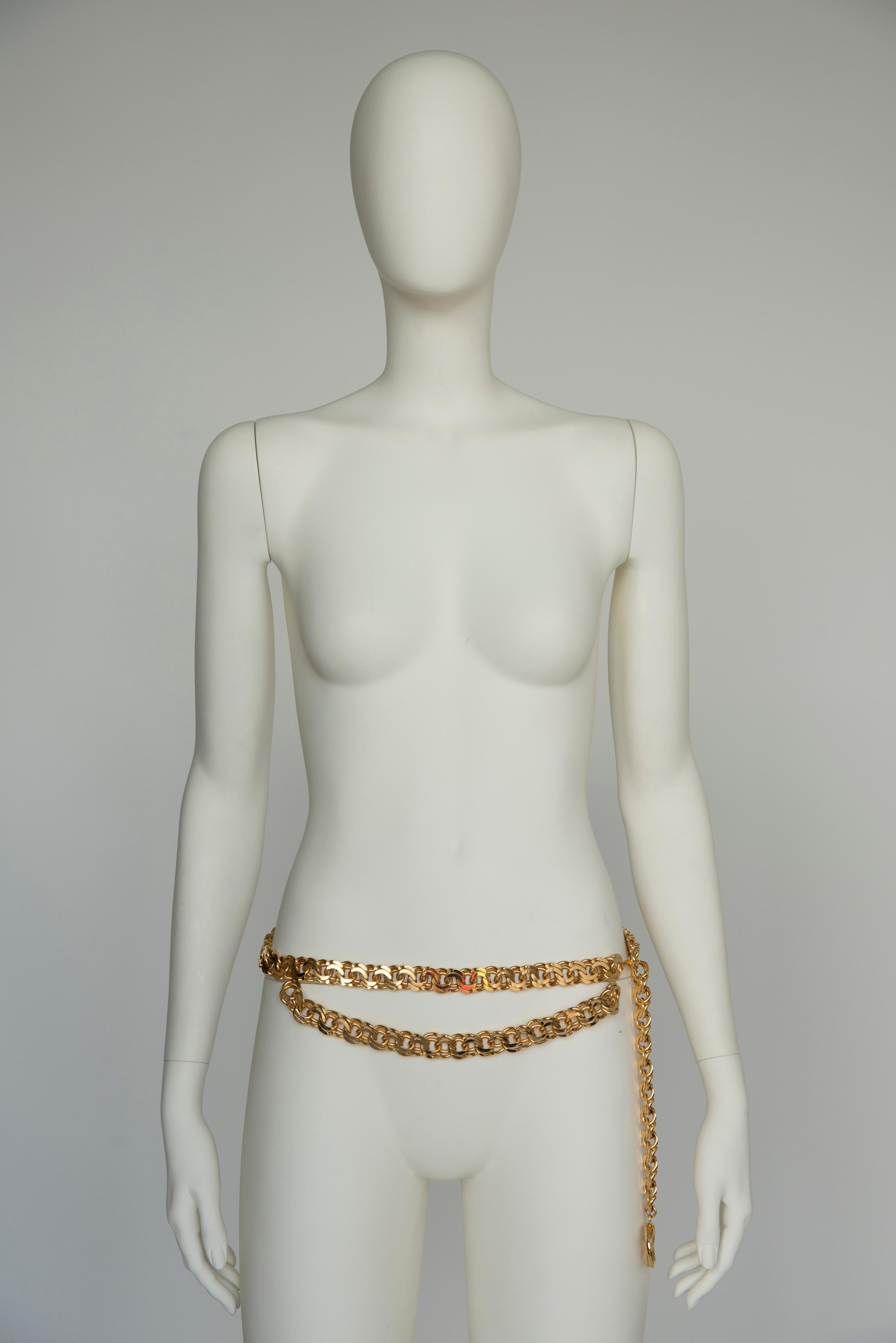 Marron Ceinture inhabituelle Chanel By Karl Lagerfeld en pierre dorée avec double chaîne en spirale en vente
