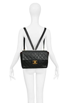 Unusual Chanel Large Rectangular Black Leather Quilted Backpack w CC Logo