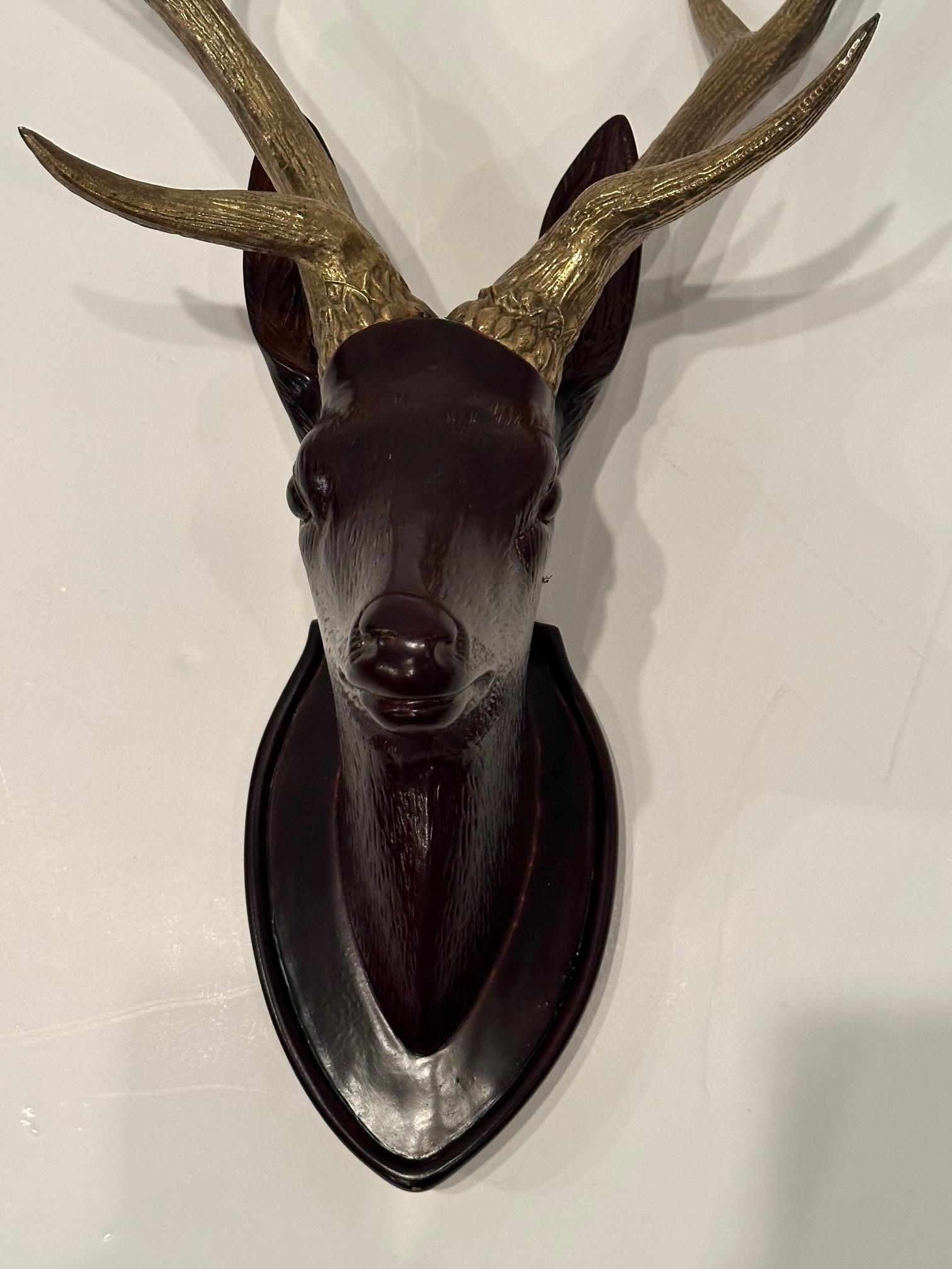American Unusual Chapman Hand Carved Wooden Stag Wall Sculpture with Brass Horns For Sale