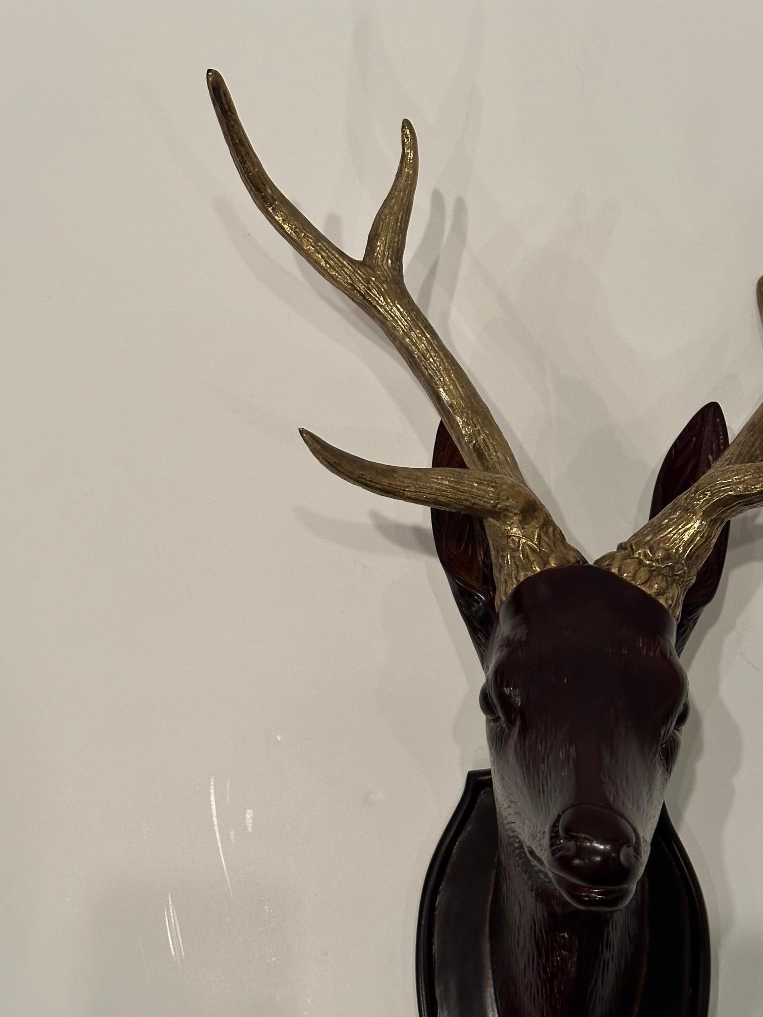 Unusual Chapman Hand Carved Wooden Stag Wall Sculpture with Brass Horns In Good Condition For Sale In Hopewell, NJ