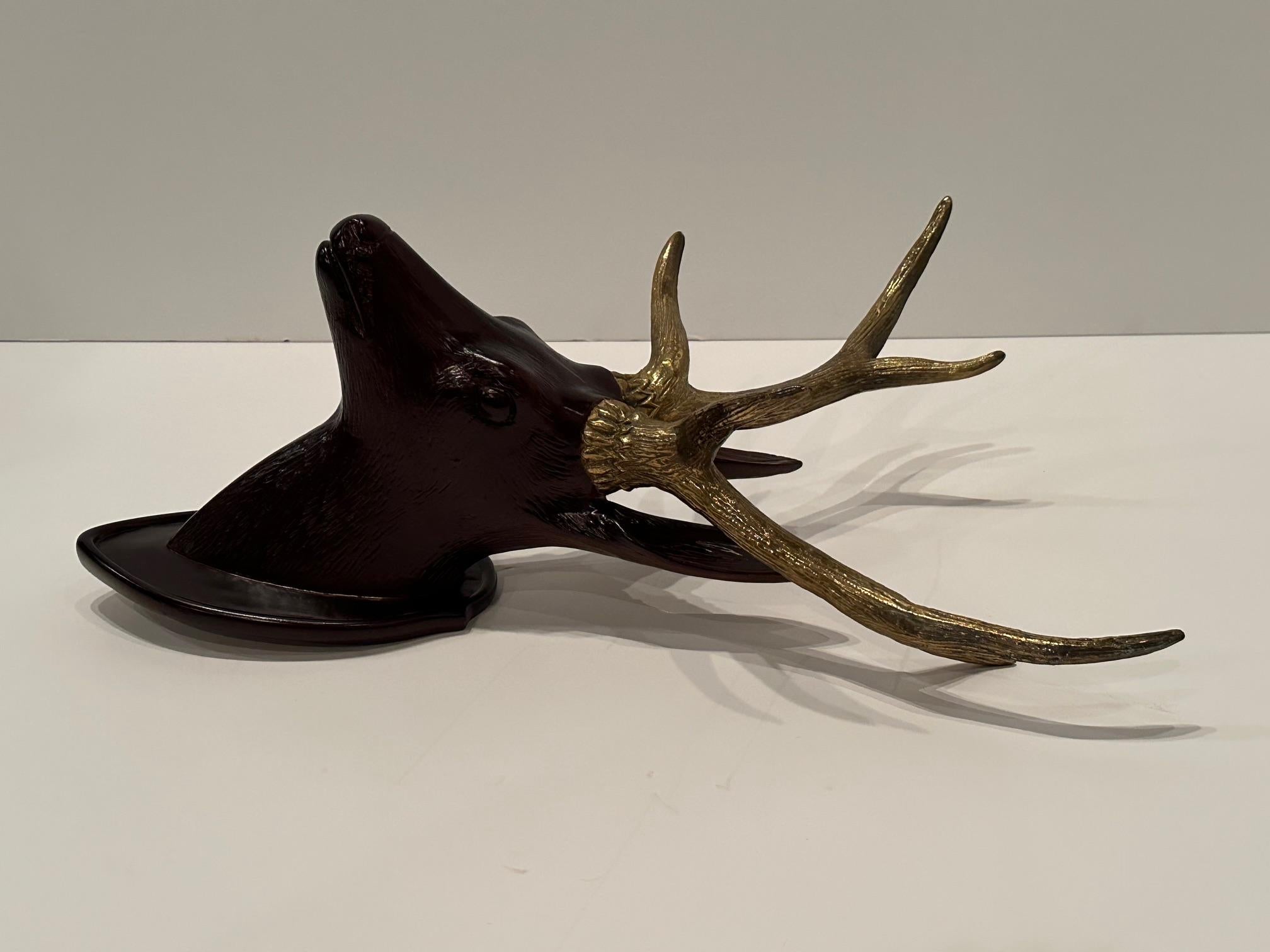 Unusual Chapman Hand Carved Wooden Stag Wall Sculpture with Brass Horns For Sale 2