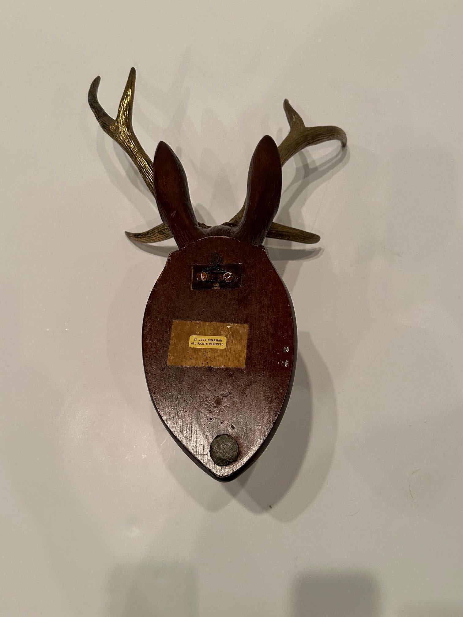 Unusual Chapman Hand Carved Wooden Stag Wall Sculpture with Brass Horns For Sale 4