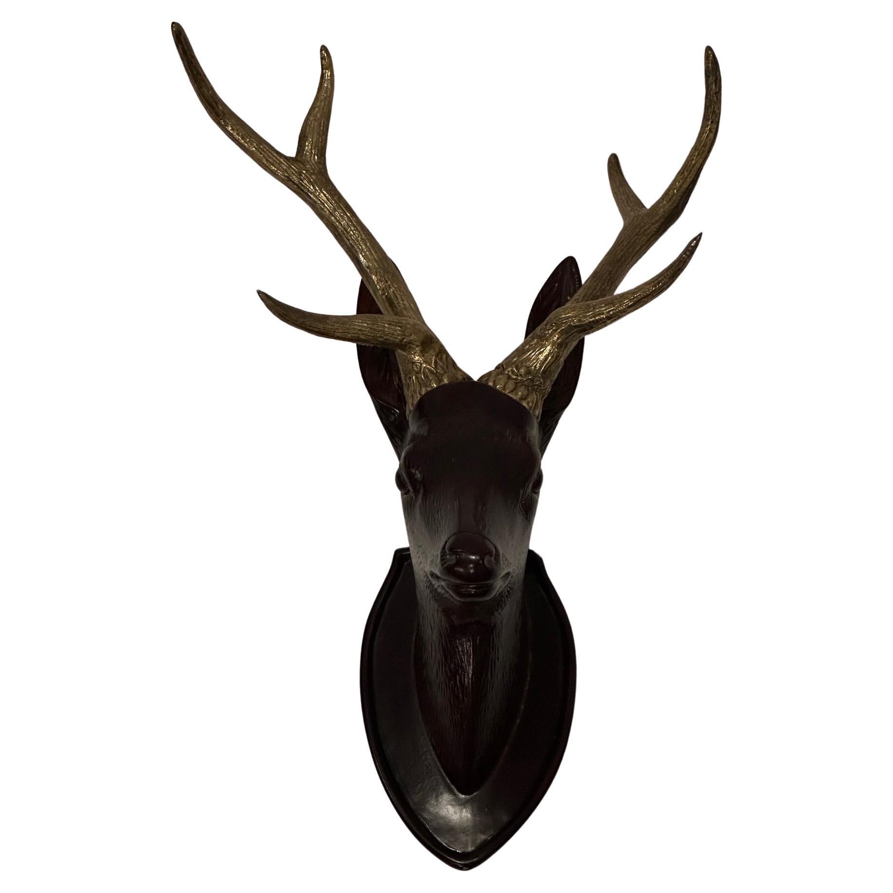 Unusual Chapman Hand Carved Wooden Stag Wall Sculpture with Brass Horns For Sale