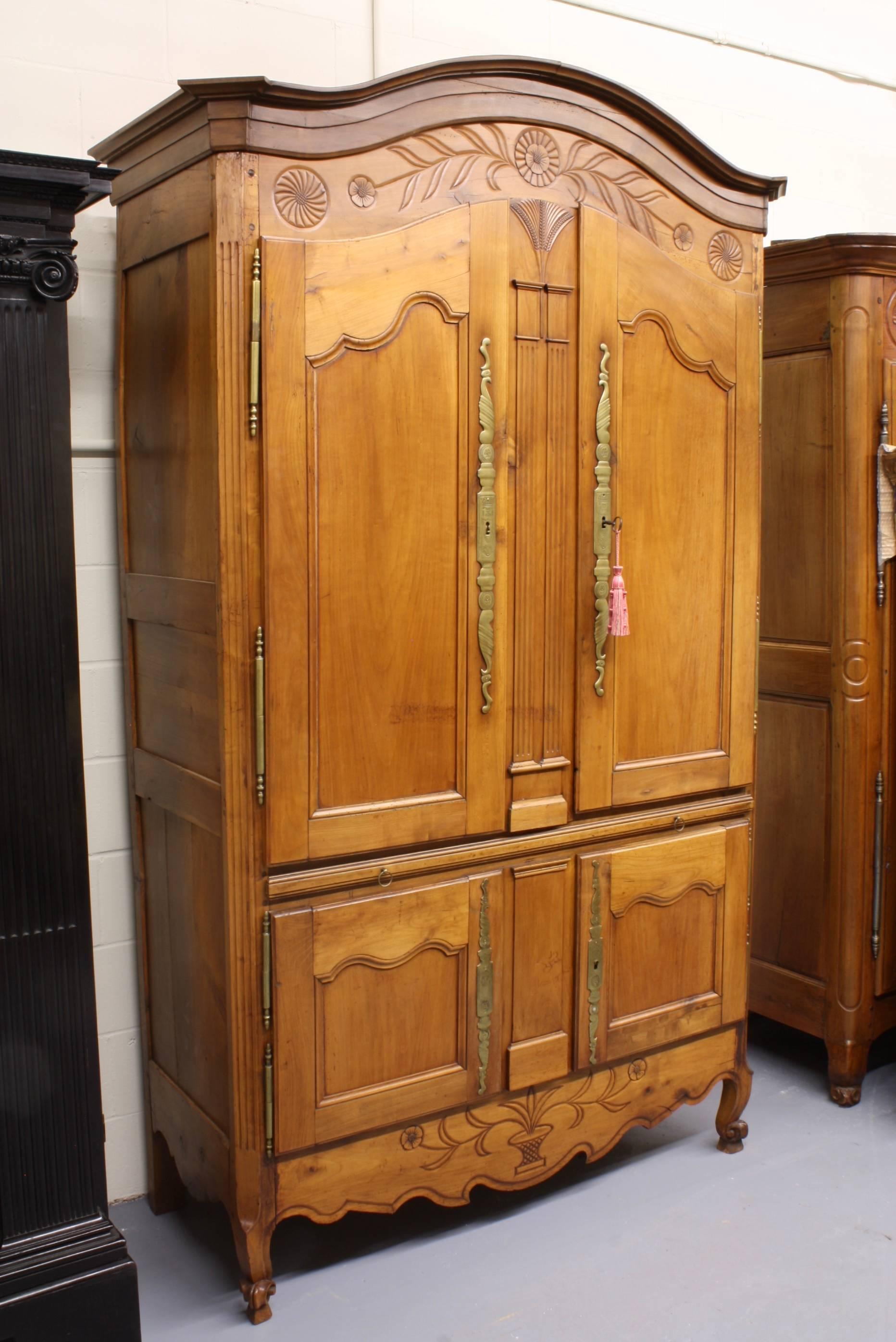 Louis XV French Country Cherry Cupboard or Armoire with Four Doors and Shelf