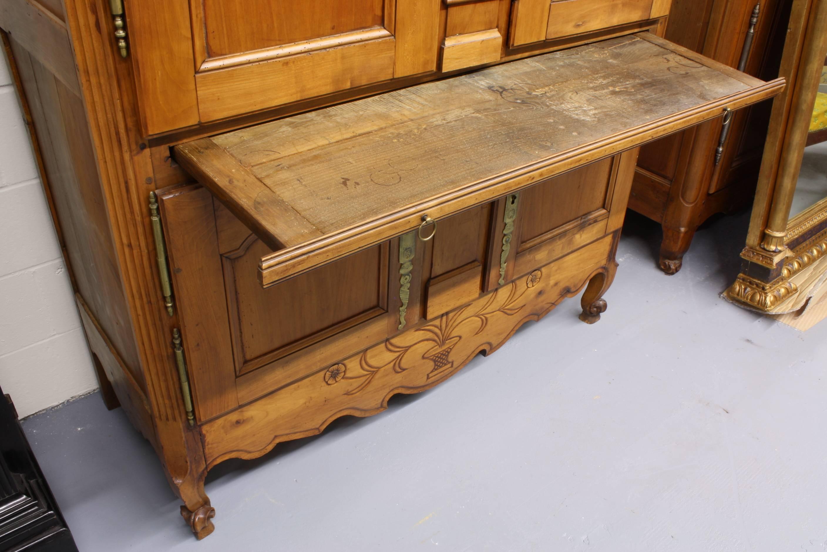 Brass French Country Cherry Cupboard or Armoire with Four Doors and Shelf