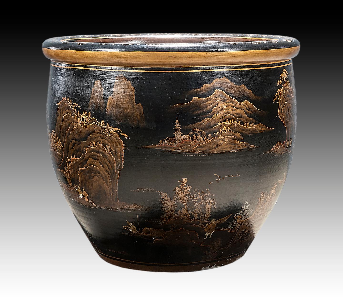 Hand-Painted Unusual Chinese Black Lacquer Porcelain Planter fish bowl