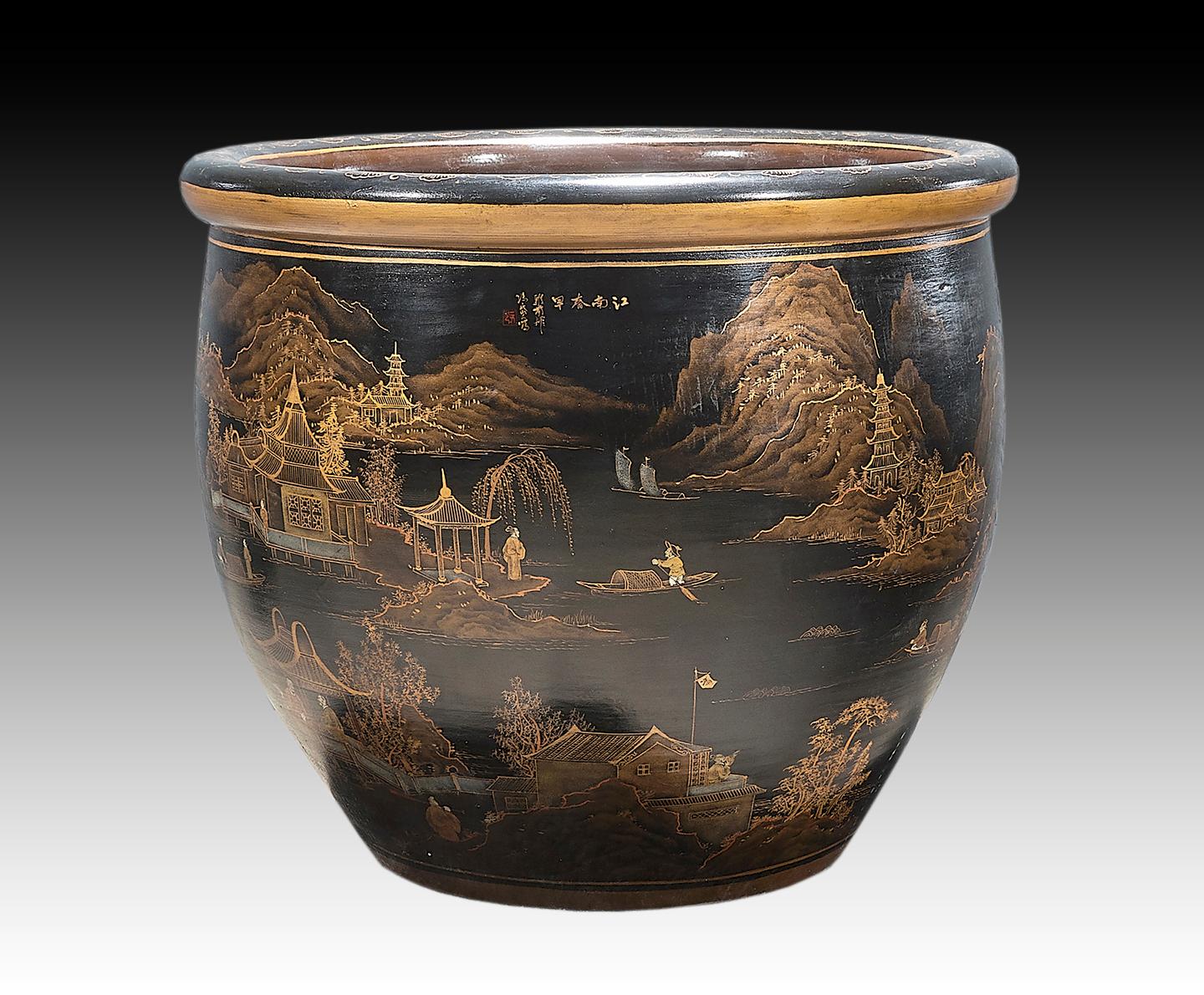 Unusual Chinese Black Lacquer Porcelain Planter fish bowl 4