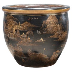 Retro Unusual Chinese Black Lacquer Porcelain Planter fish bowl