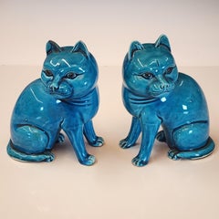 Unusual Chinese Turquoise Pair of Large Headed Cat Figurines