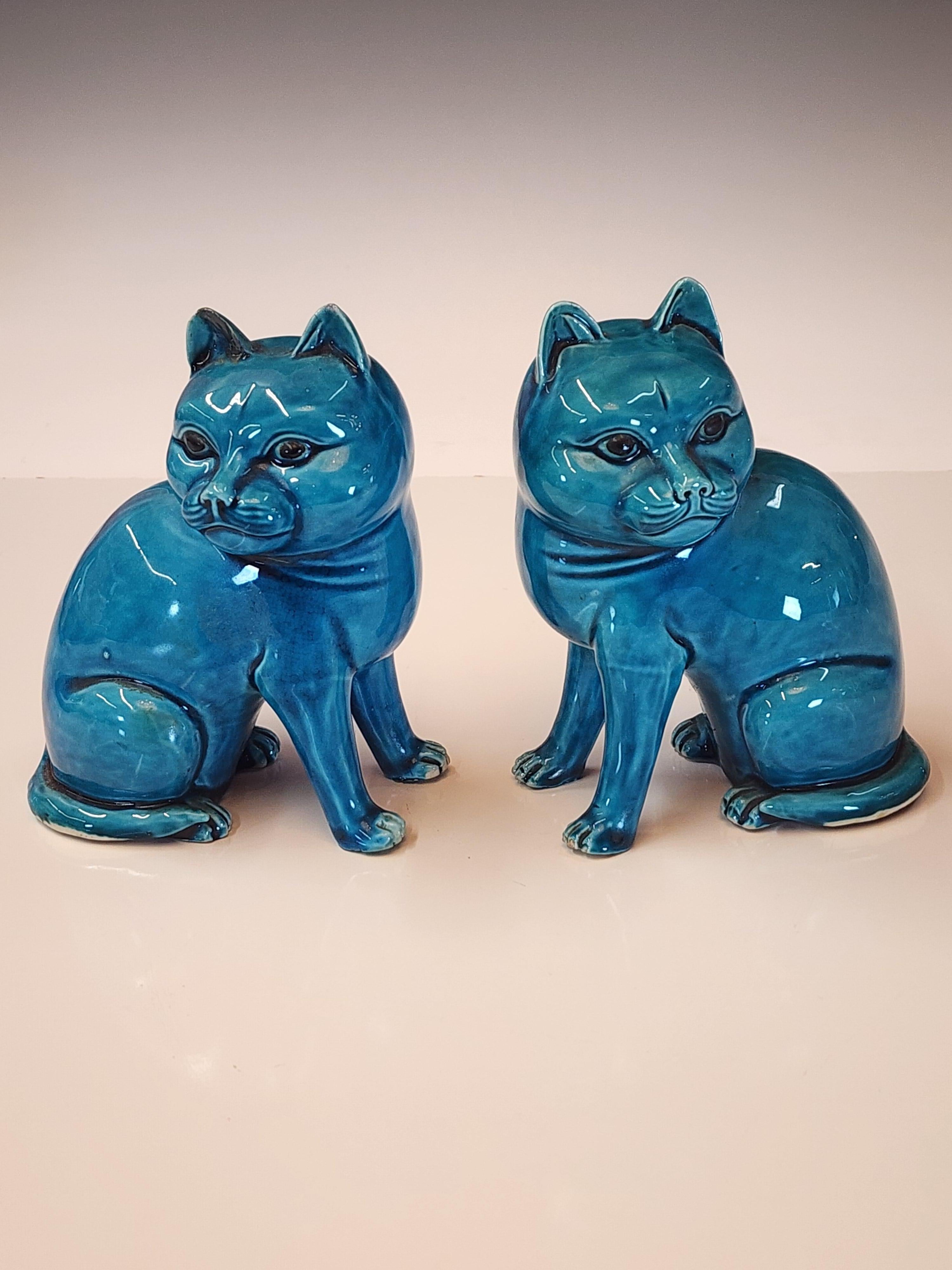 Inusual par de figurillas chinas de turquesa con cabeza de gato grande en Bueno estado para la venta en Kilmarnock, VA