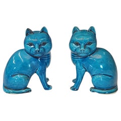 Antique Unusual Chinese Turquoise Pair of Large Headed Cat Figurines