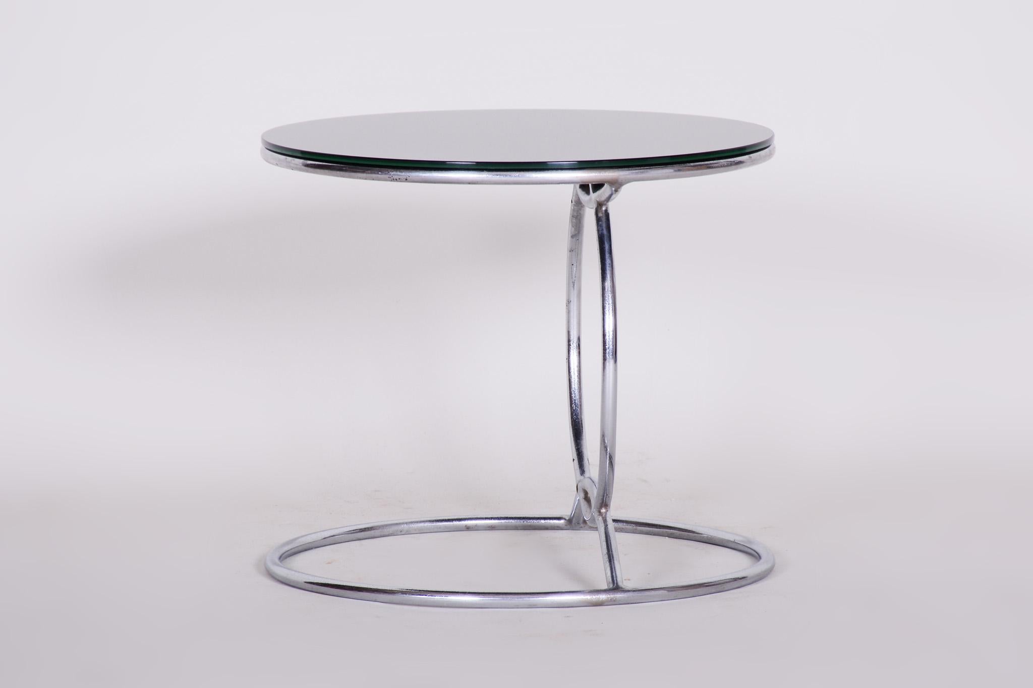 German Unusual Chrome Bauhaus Round Small Table, 1950s, Perfect Condition, Black glass