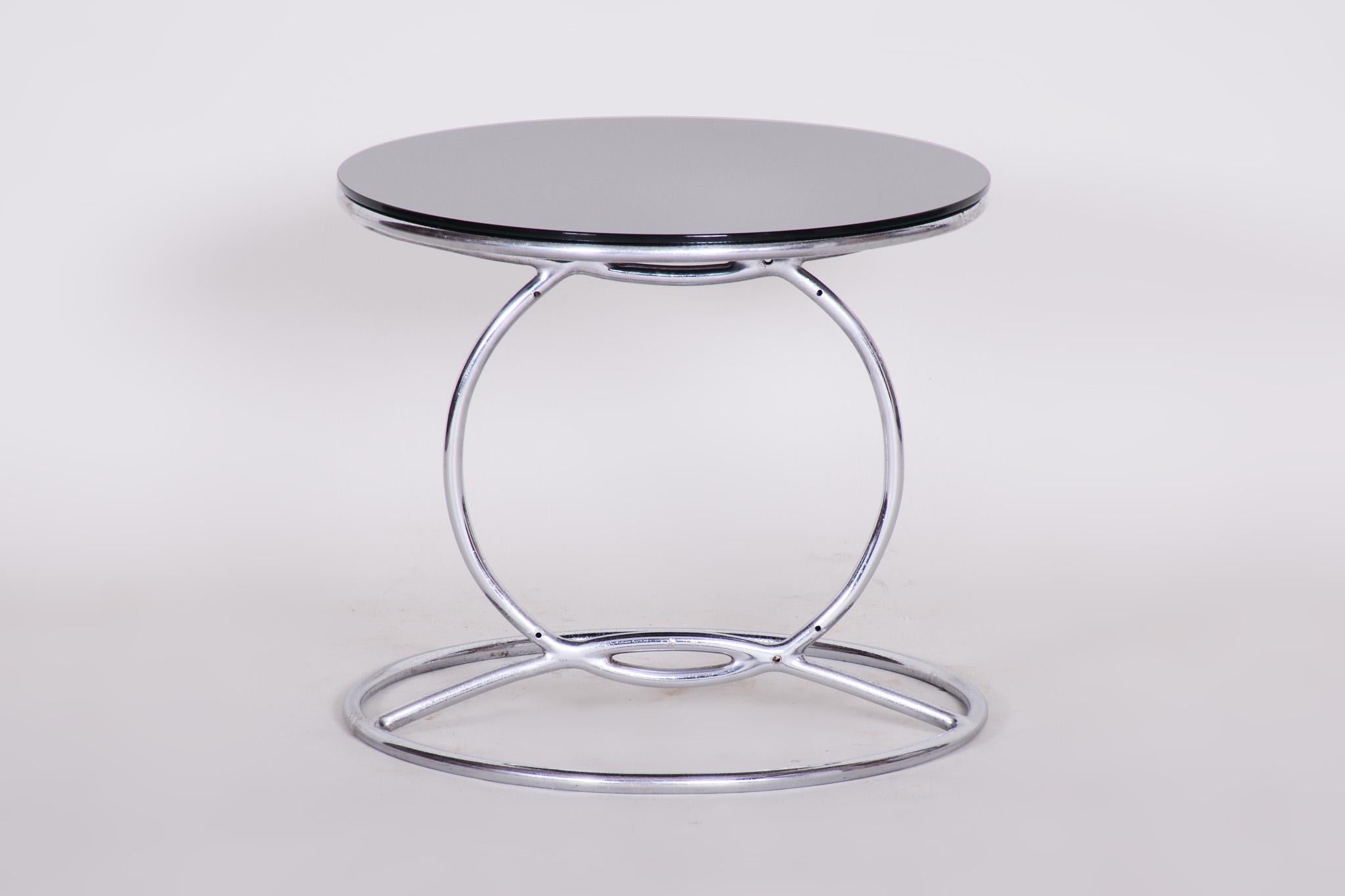 20th Century Unusual Chrome Bauhaus Round Small Table, 1950s, Perfect Condition, Black glass