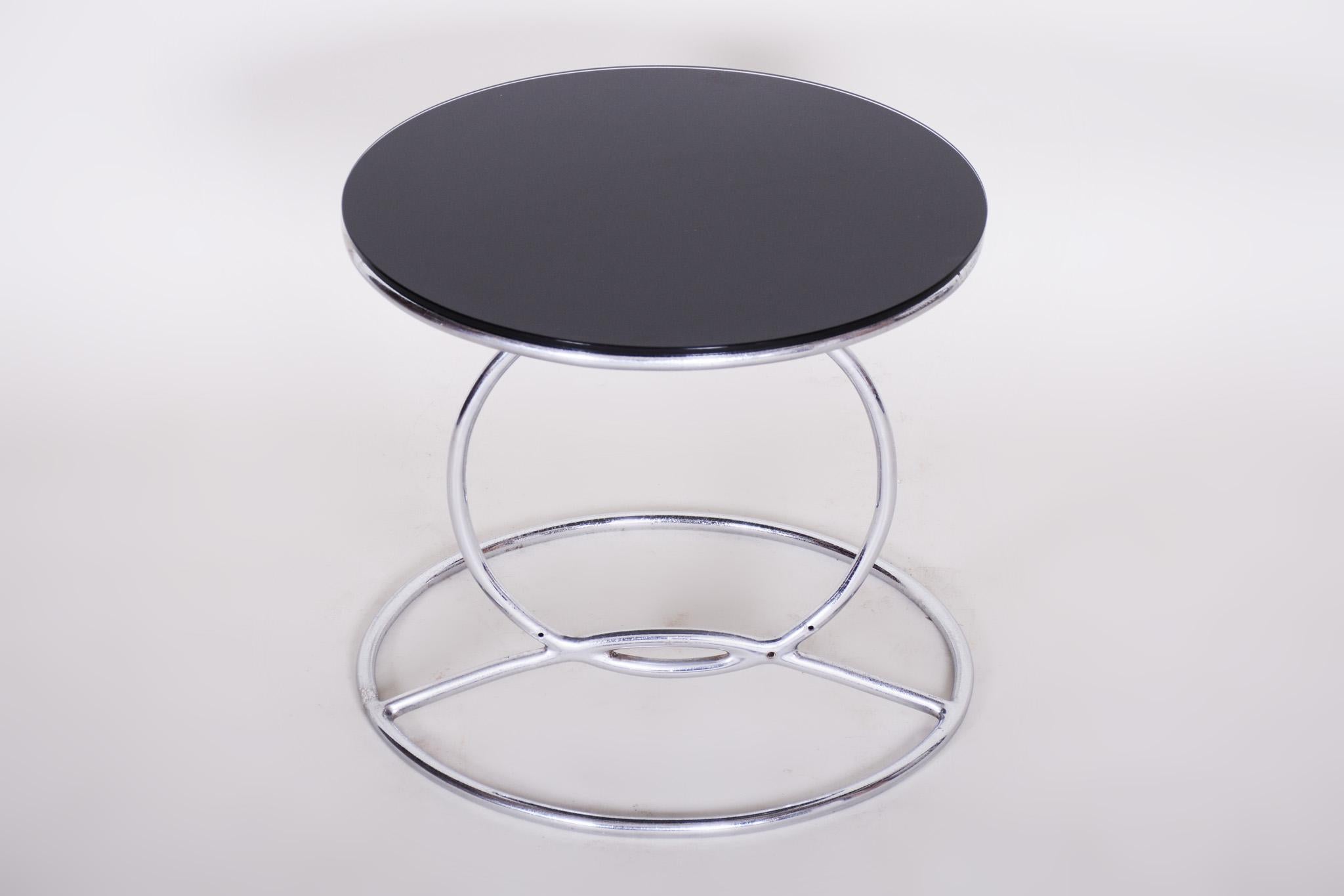 Unusual Chrome Bauhaus Round Small Table, 1950s, Perfect Condition, Black glass 1