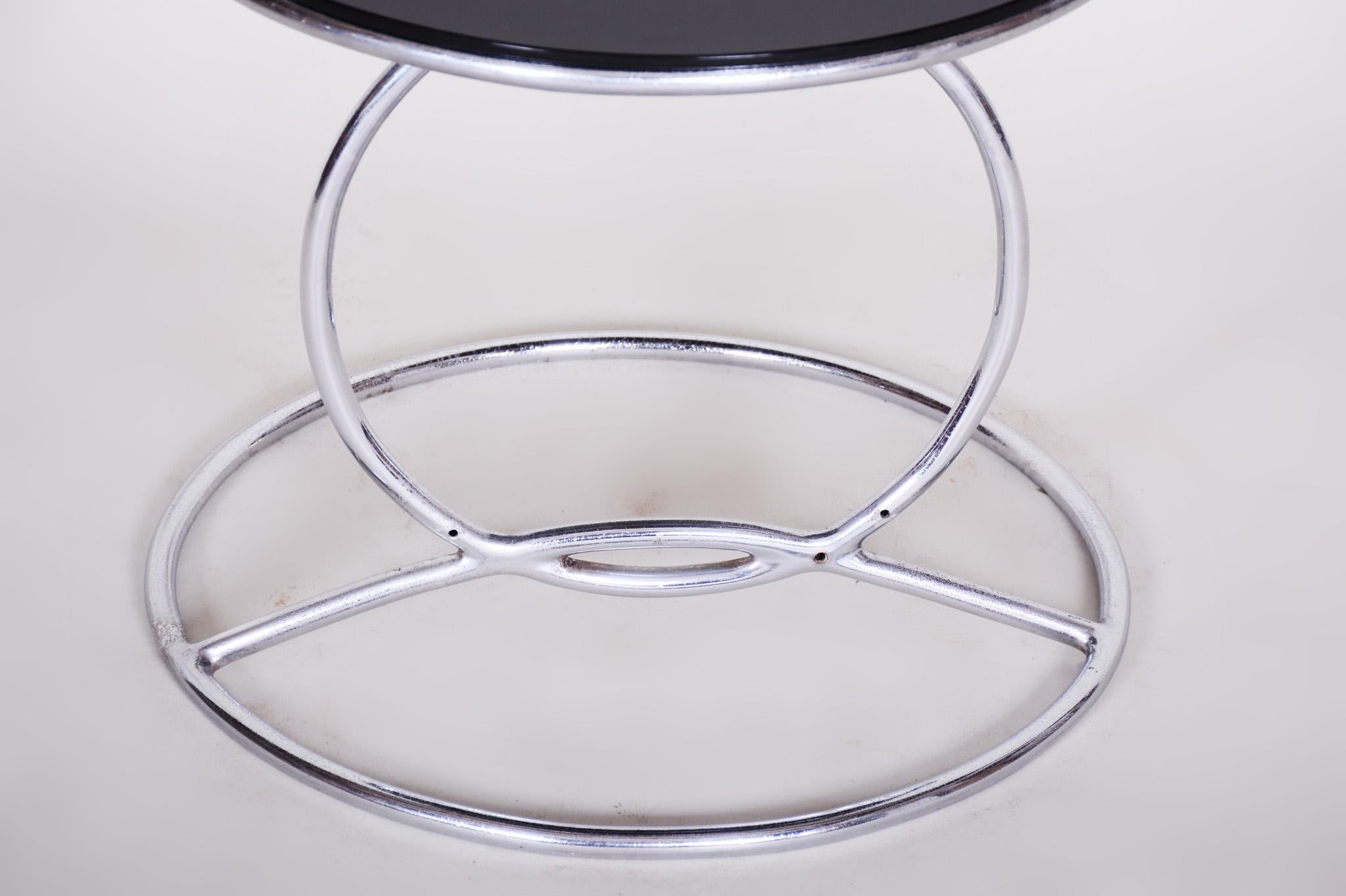 Unusual Chrome Bauhaus Round Small Table, 1950s, Perfect Condition, Black glass 2