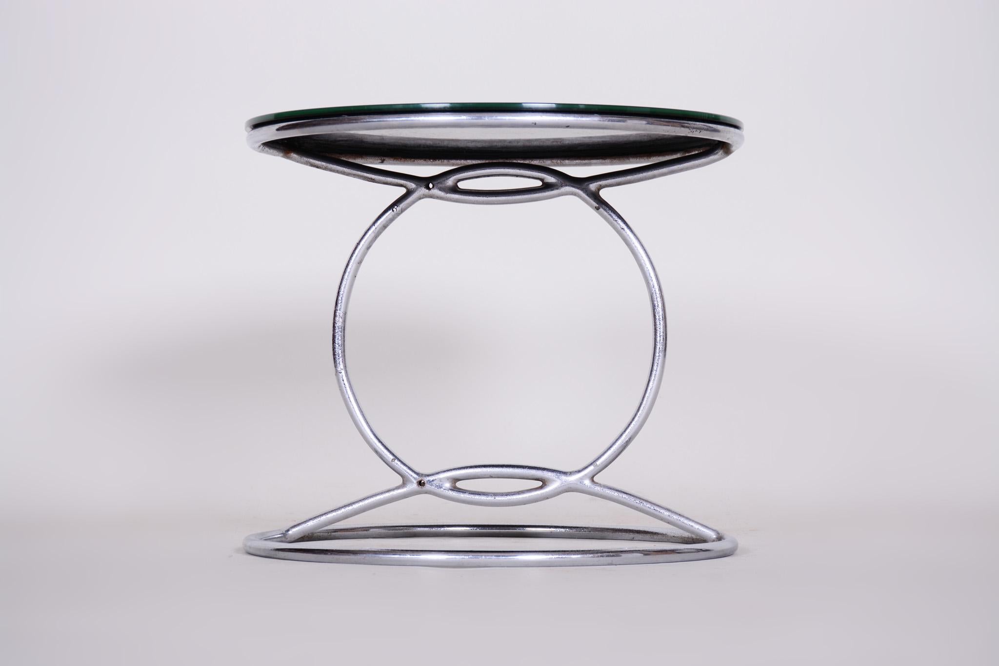 Unusual Chrome Bauhaus Round Small Table, 1950s, Perfect Condition, Black glass 3