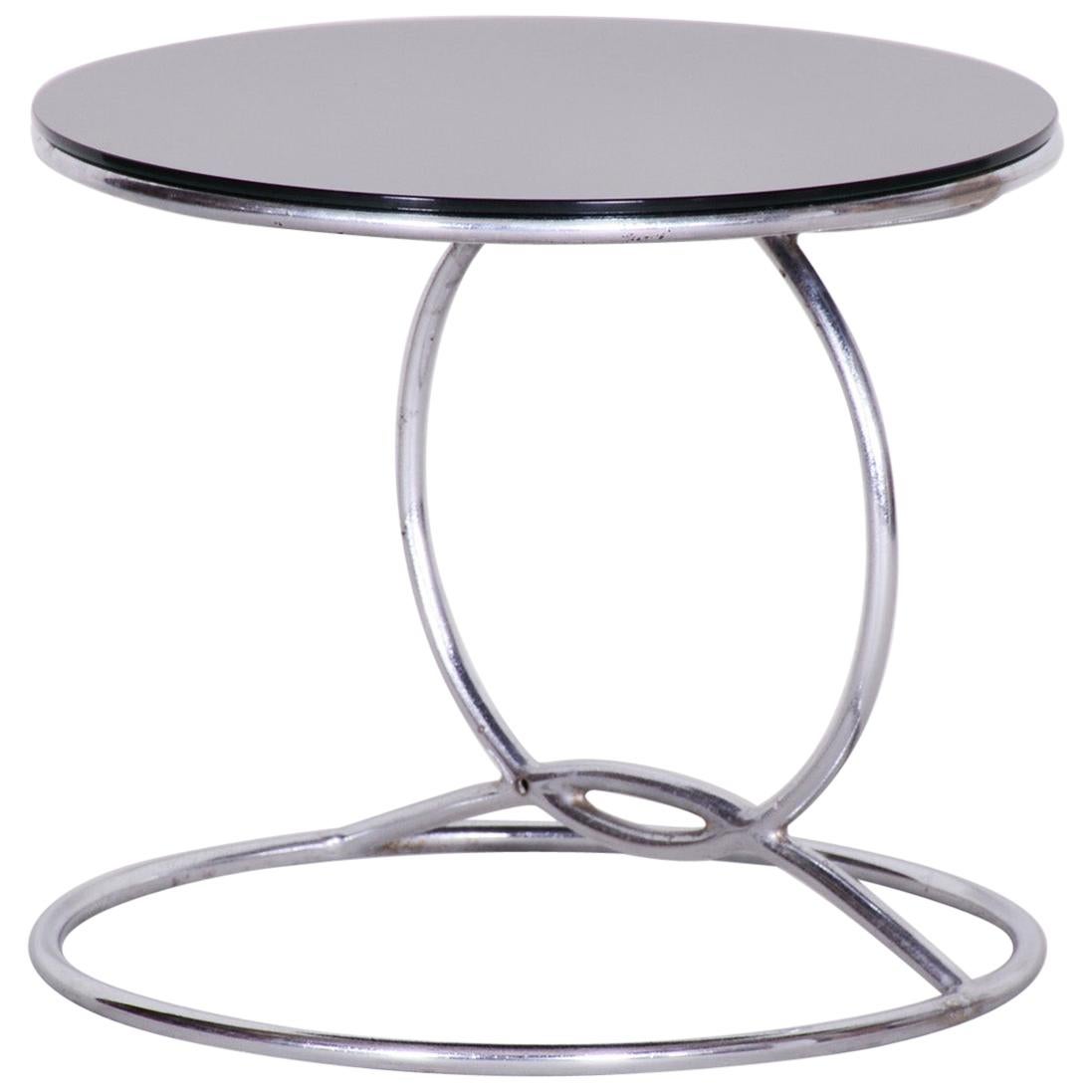 Unusual Chrome Bauhaus Round Small Table, 1950s, Perfect Condition, Black glass