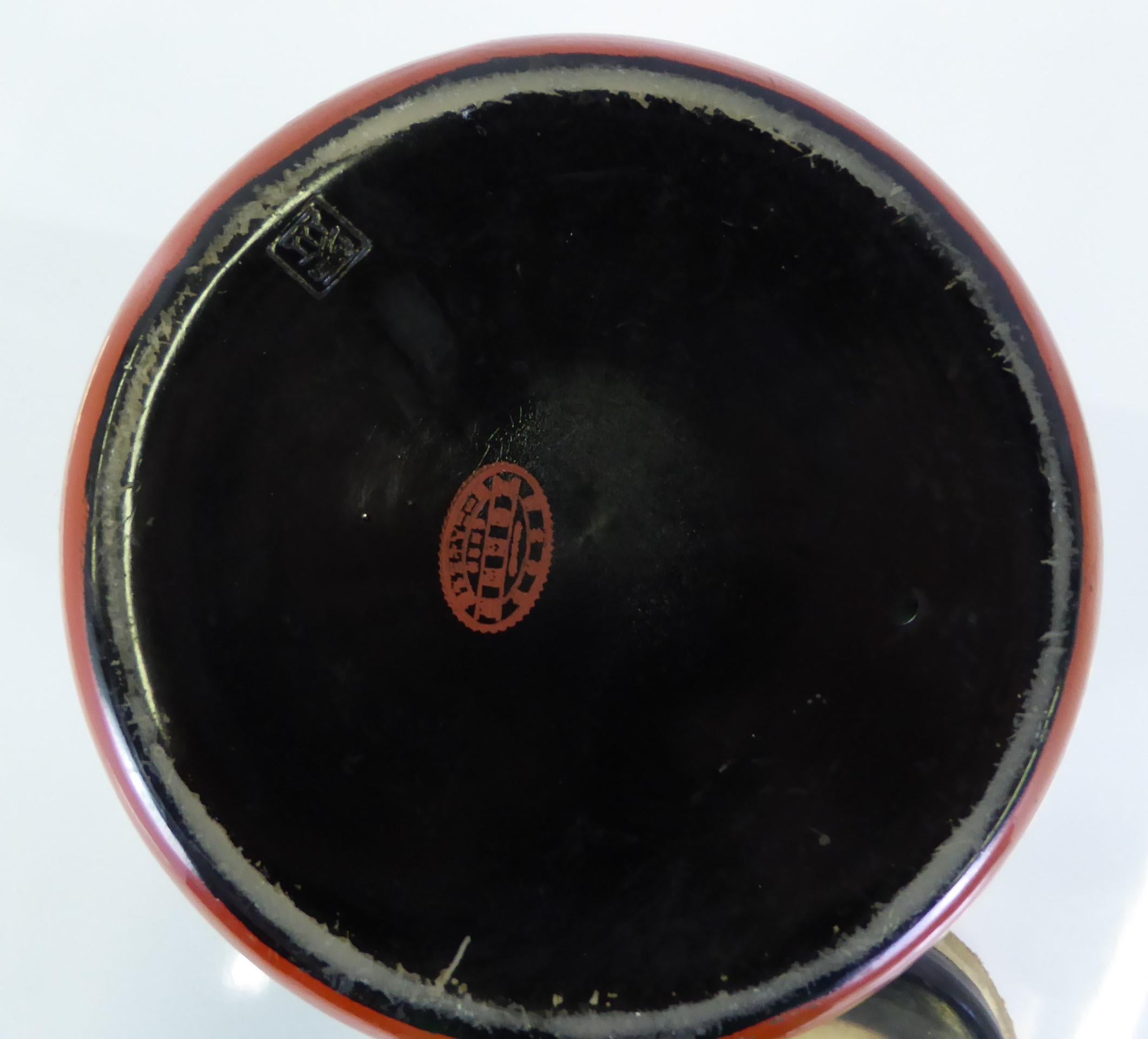 Unusual Cinnabar Colored Earthenware Hibachi w. Cover and Ying Yang Symbol Japan 5