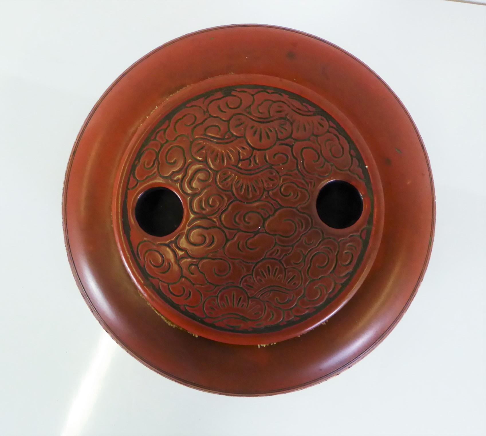 Mid-20th Century Unusual Cinnabar Colored Earthenware Hibachi w. Cover and Ying Yang Symbol Japan