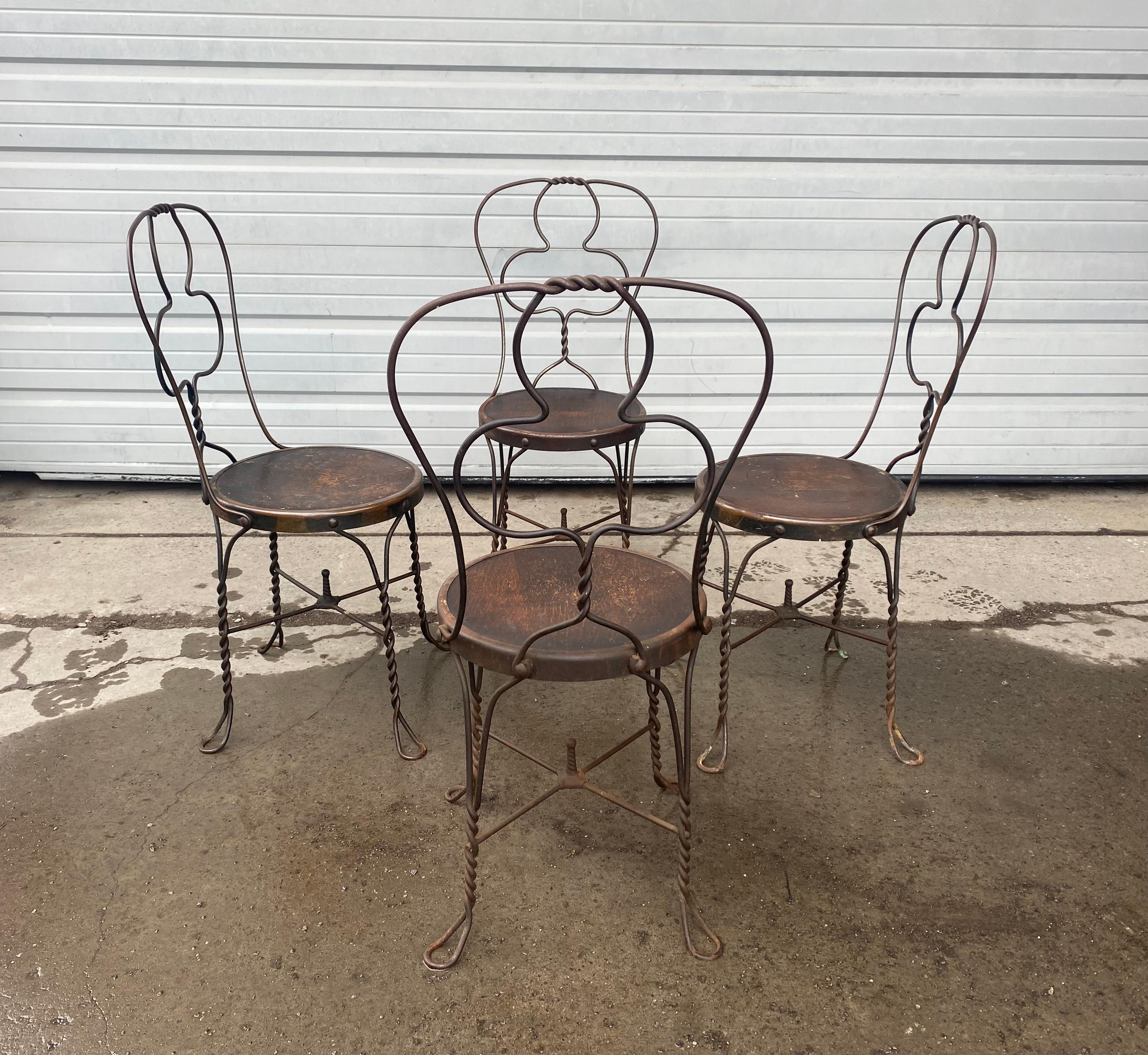 Victorian Unusual Club Back Bistro Chairs Wrought Iron Ice Cream Parlor Early 20th Cent For Sale
