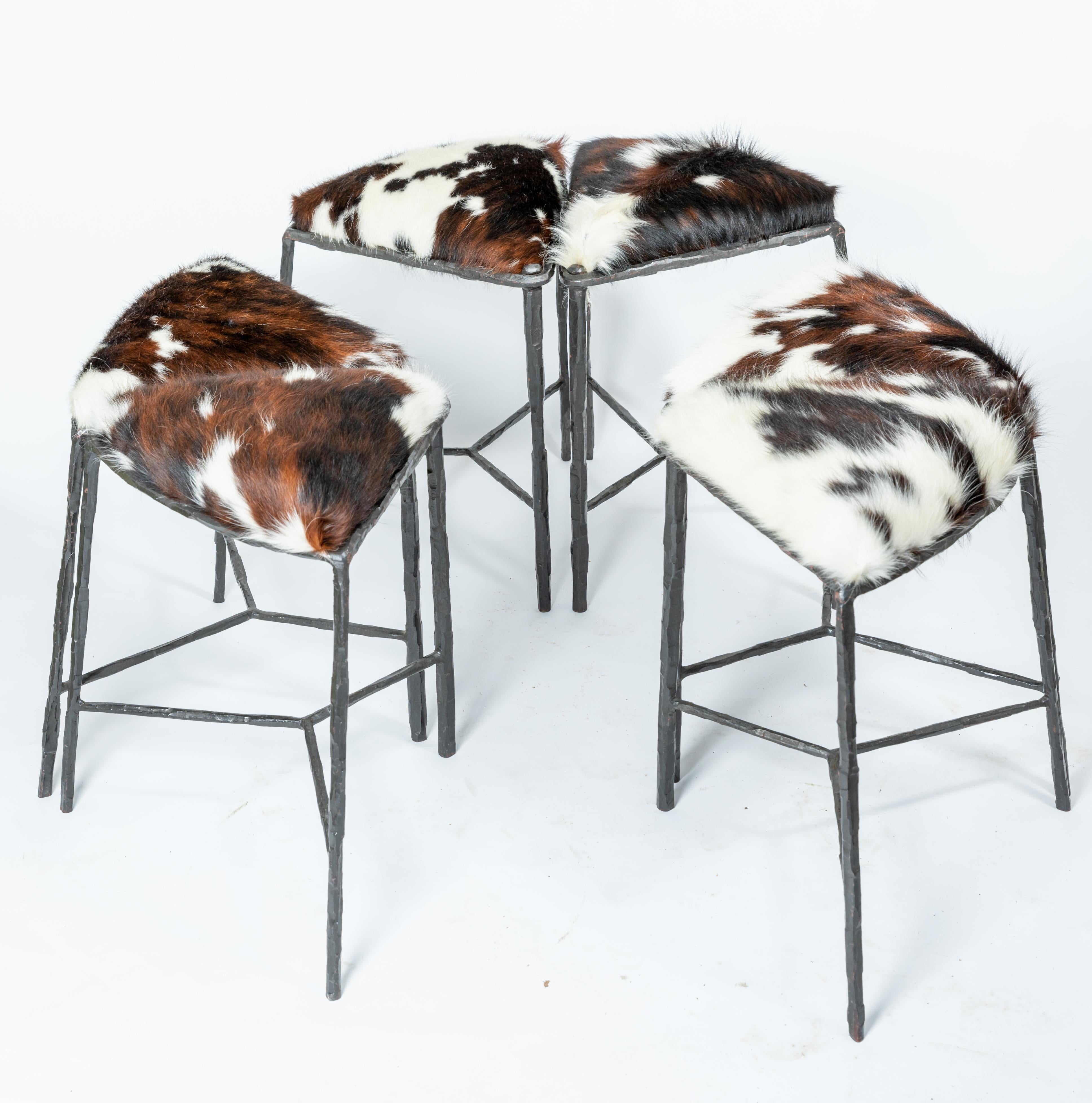 Mid-Century Modern Unusual Cluster of Six Pie Shaped Hide Upholstered Seat & Blackened Iron Benches