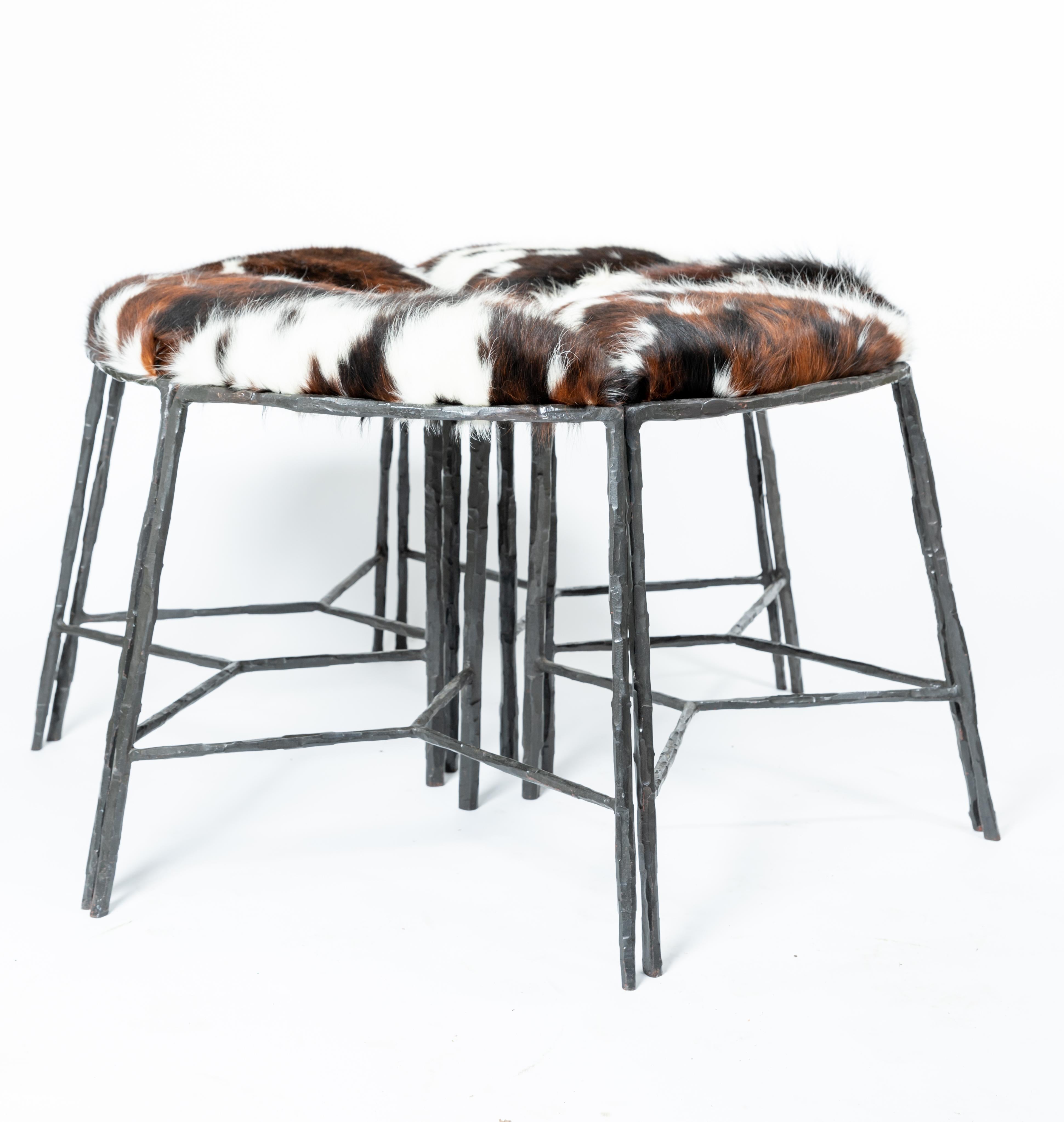 Italian Unusual Cluster of Six Pie Shaped Hide Upholstered Seat & Blackened Iron Benches