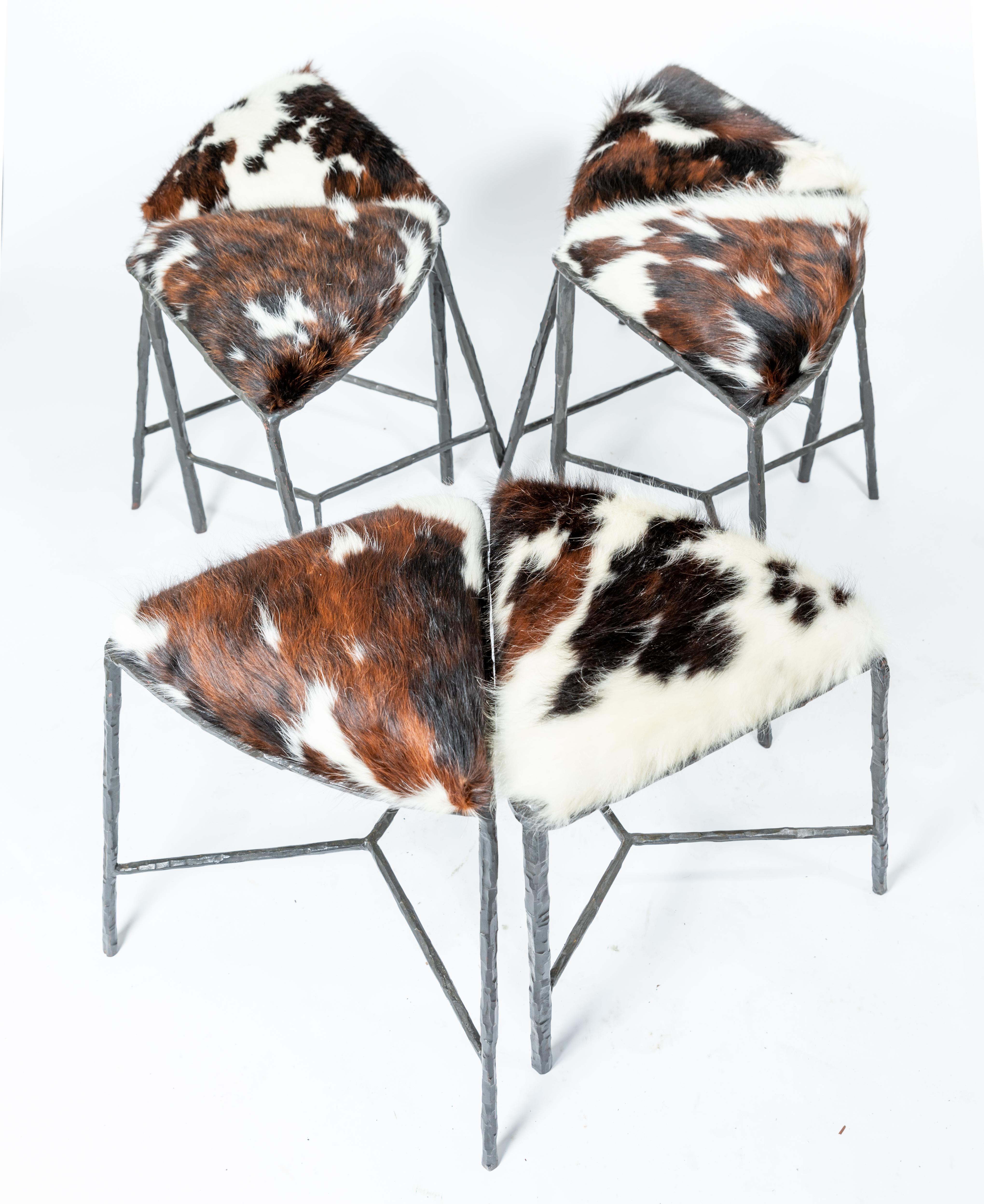 Unusual Cluster of Six Pie Shaped Hide Upholstered Seat & Blackened Iron Benches In Excellent Condition In Bridgehampton, NY