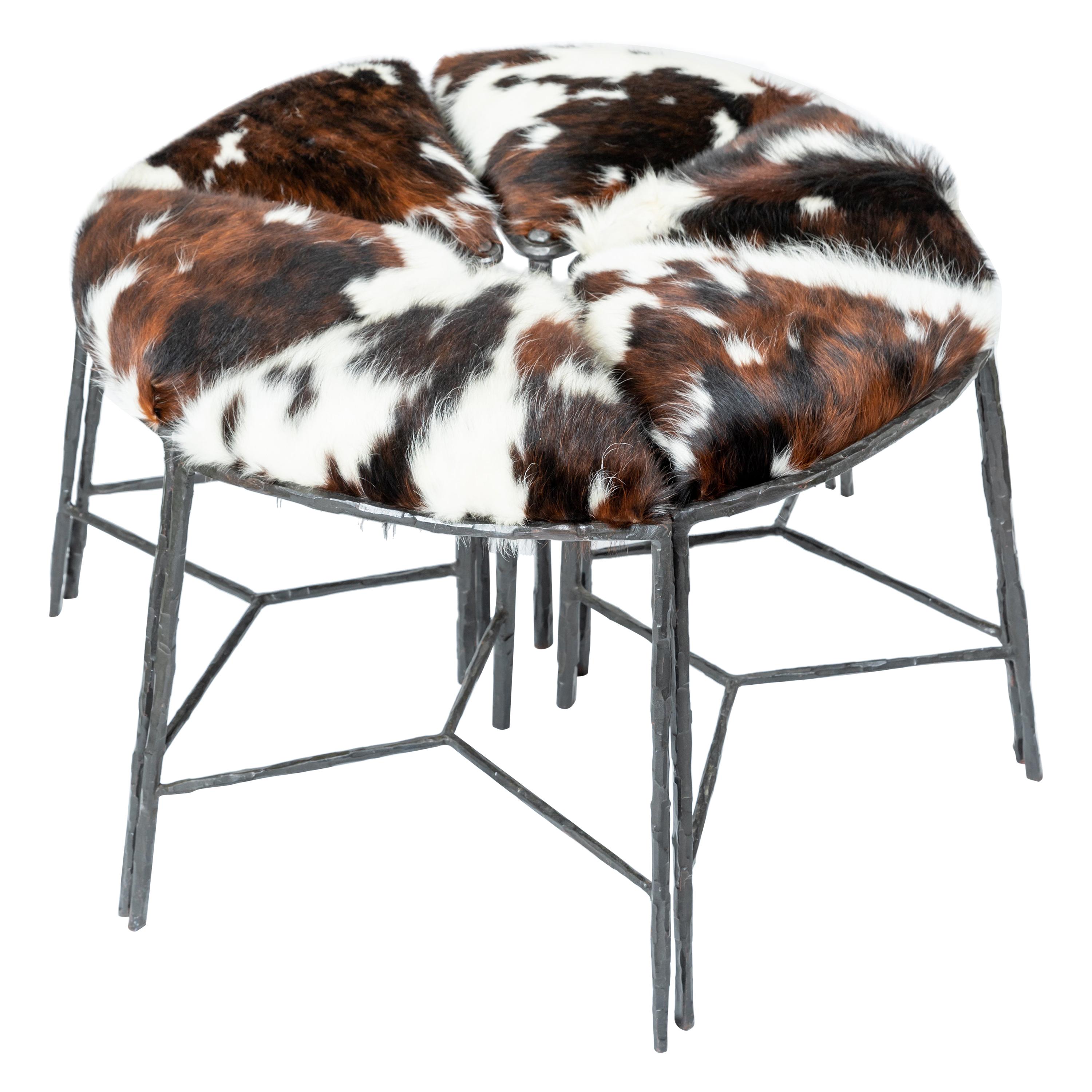 Unusual Cluster of Six Pie Shaped Hide Upholstered Seat & Blackened Iron Benches