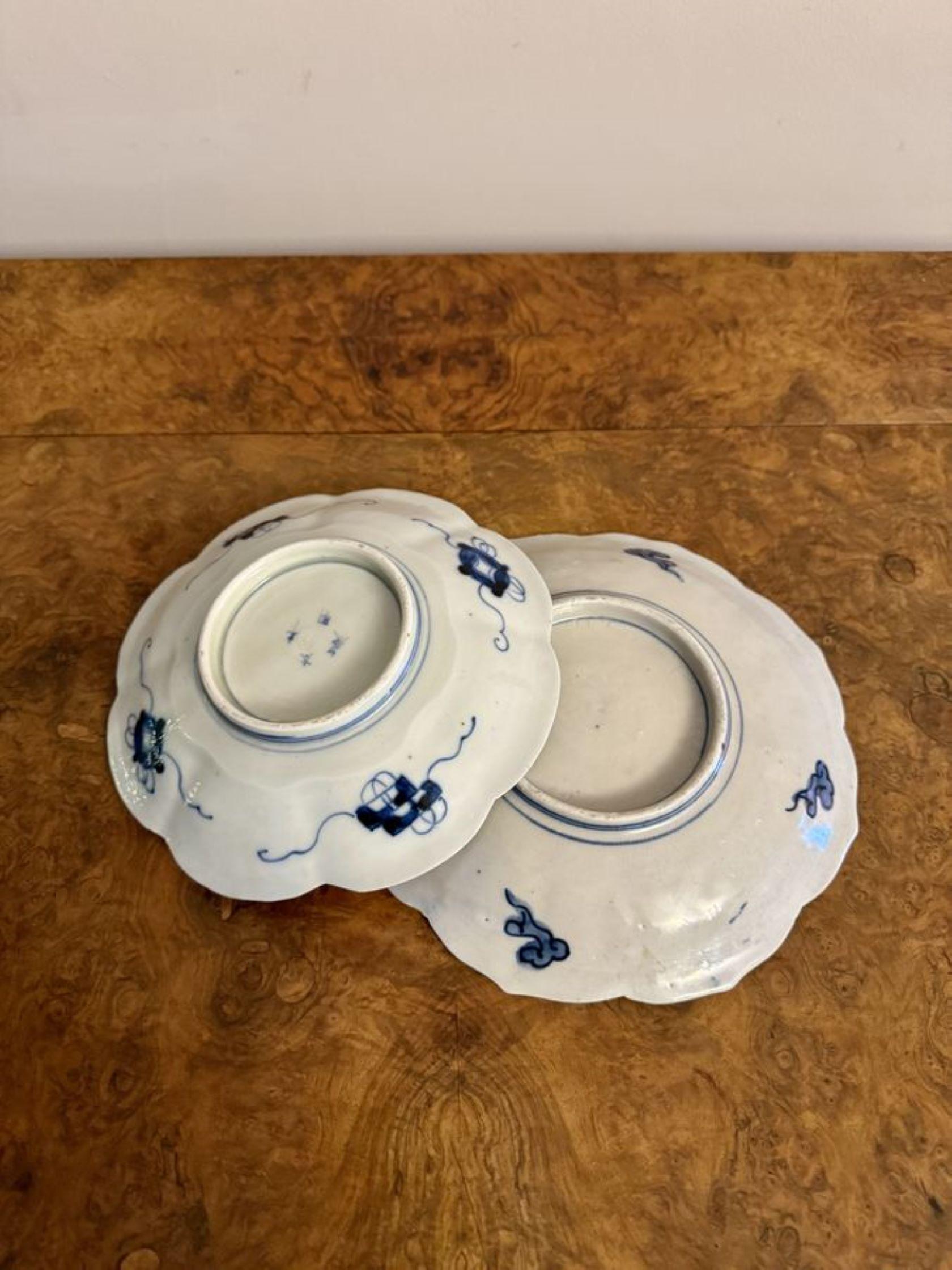 Collezione insolita di cinque piatti imari giapponesi antichi di qualità Collezione insolita di cinque piatti imari giapponesi composta da cinque piatti imari di forme diverse decorati con motivi, fiori, foglie, alberi, volute e fiori, dipinti a