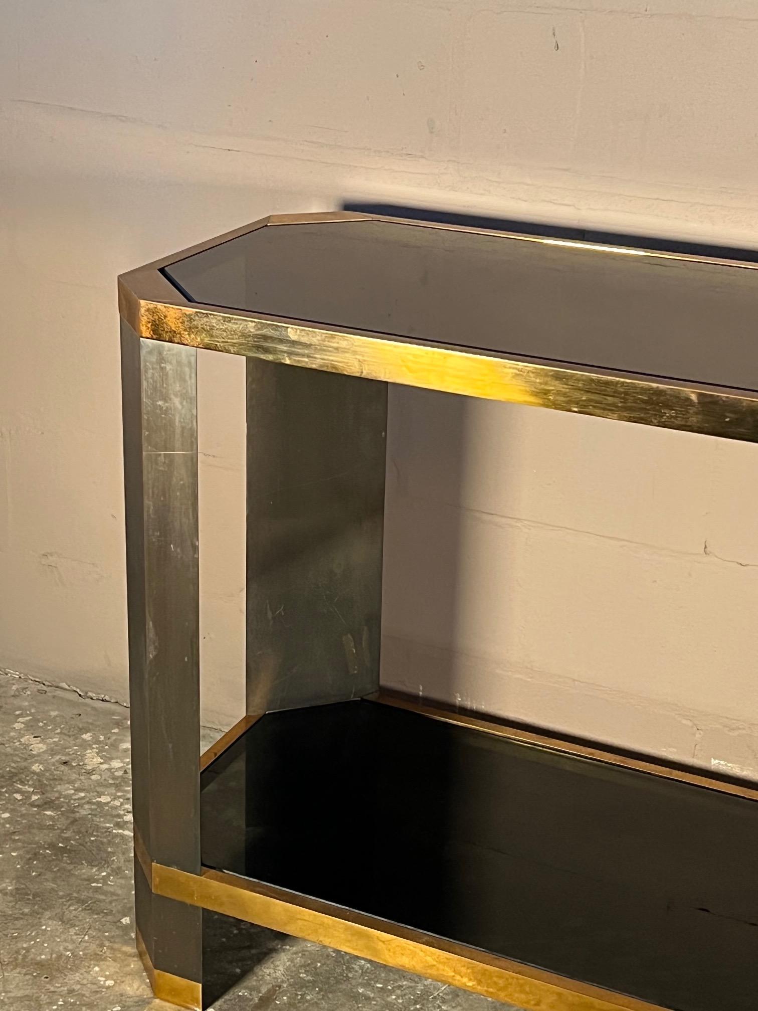 Mid-Century Modern Brass And Black Glass Console Ron Seff, 1970's For Sale