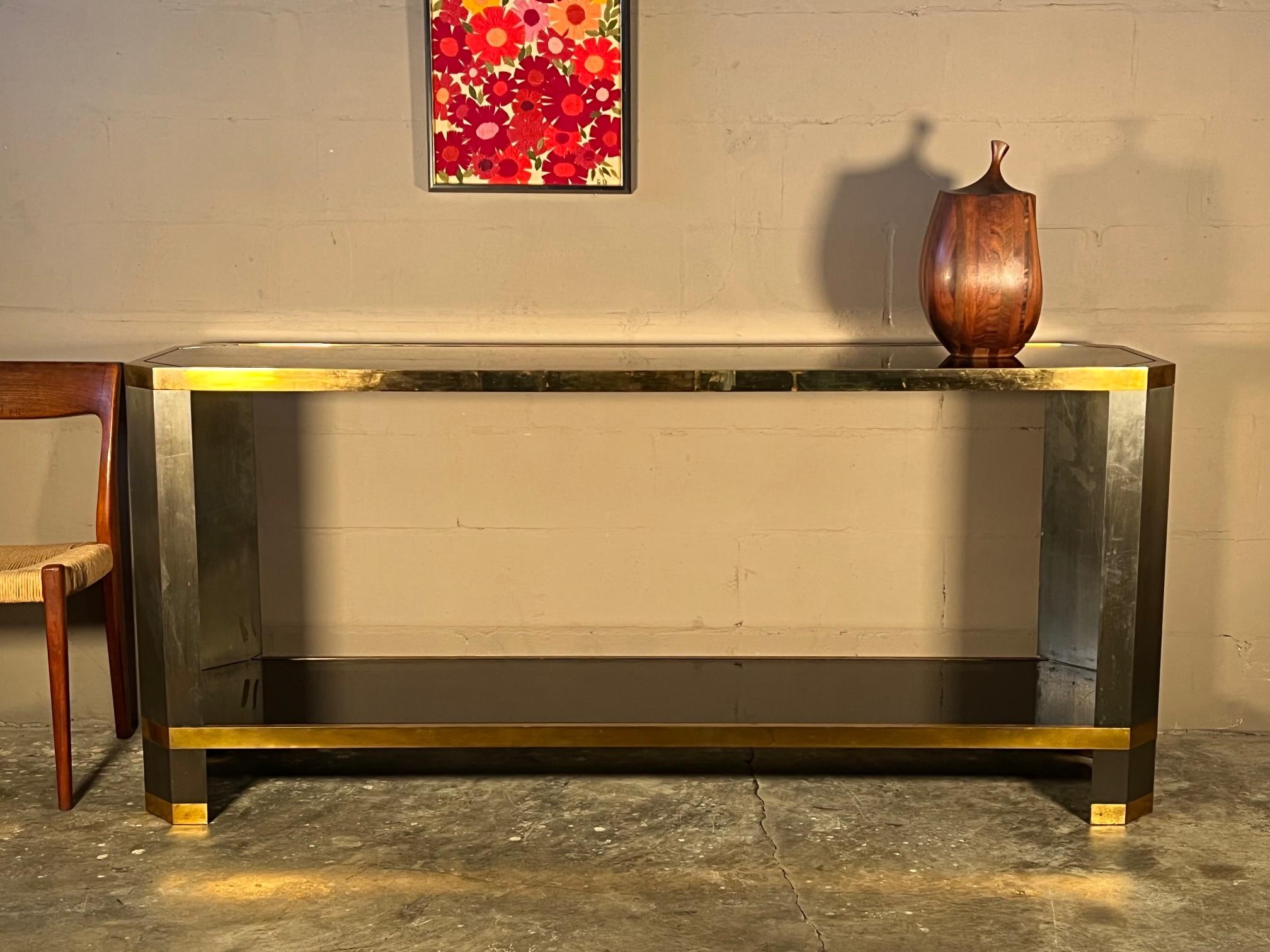 Brass And Black Glass Console Ron Seff, 1970's For Sale 3
