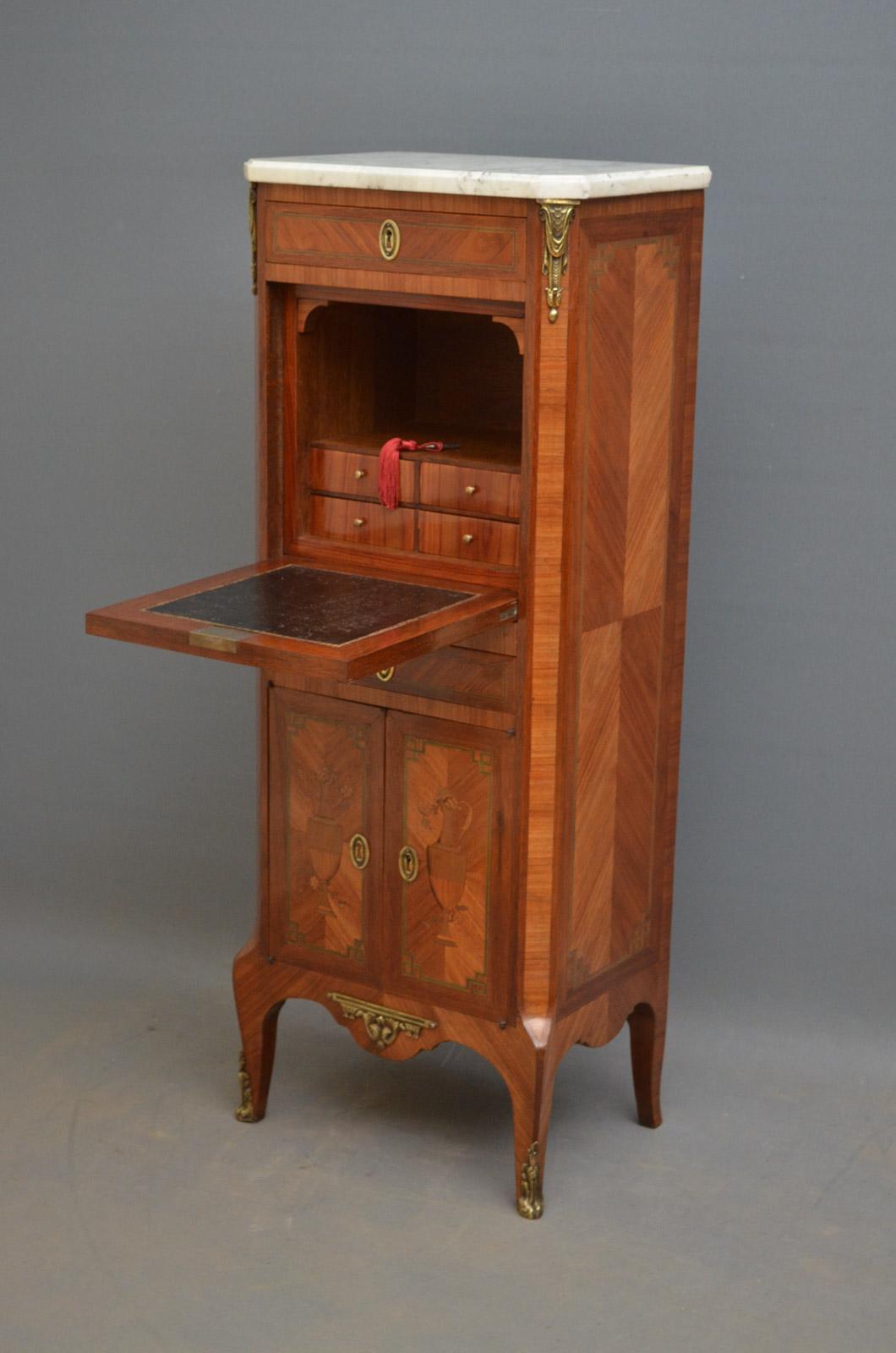Sn3613 very unusual Continental inlaid cabinet with bookmatched quarter veneer sides, having white veined marble top above inlaid frieze drawer and fall front which opens to reveal small drawers and leather writing surface, inlaid drawer and a pair