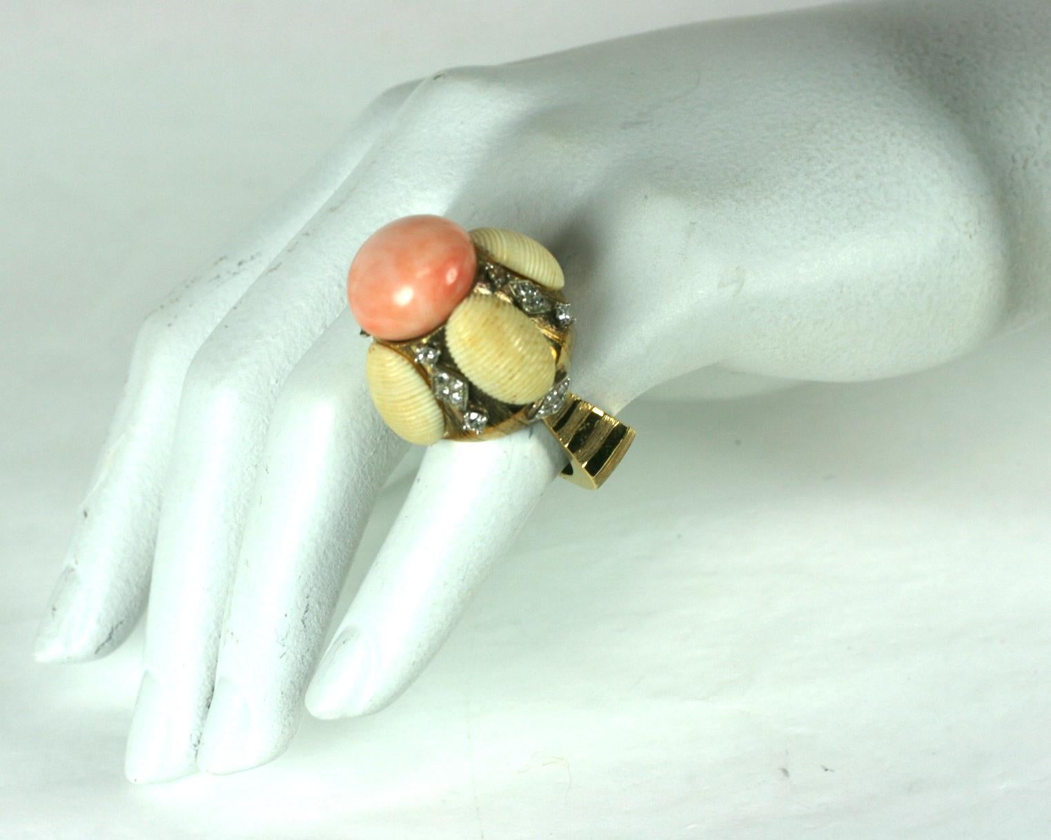 Unusual Coral and Diamond Domed Cocktail Ring For Sale 3