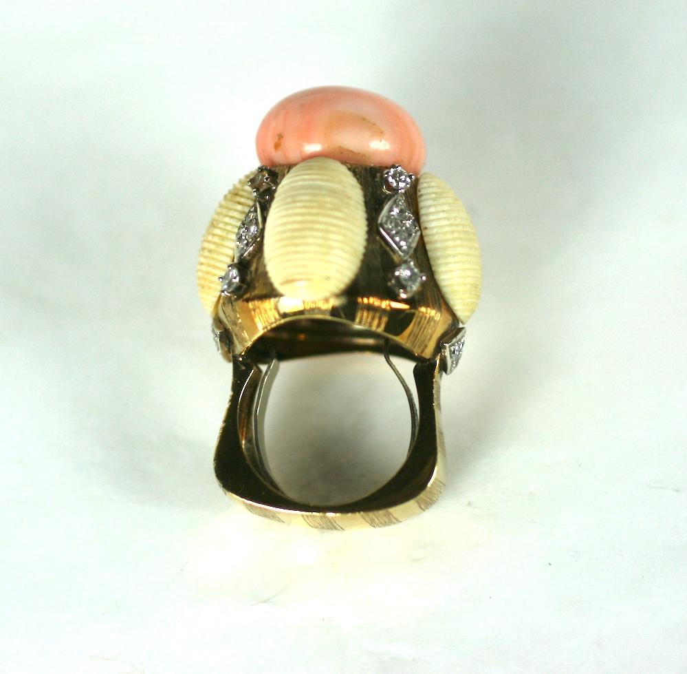 Cabochon Unusual Coral and Diamond Domed Cocktail Ring For Sale