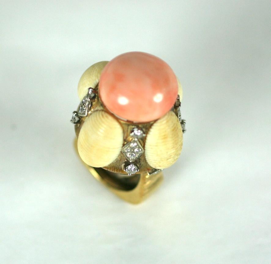 Women's or Men's Unusual Coral and Diamond Domed Cocktail Ring For Sale