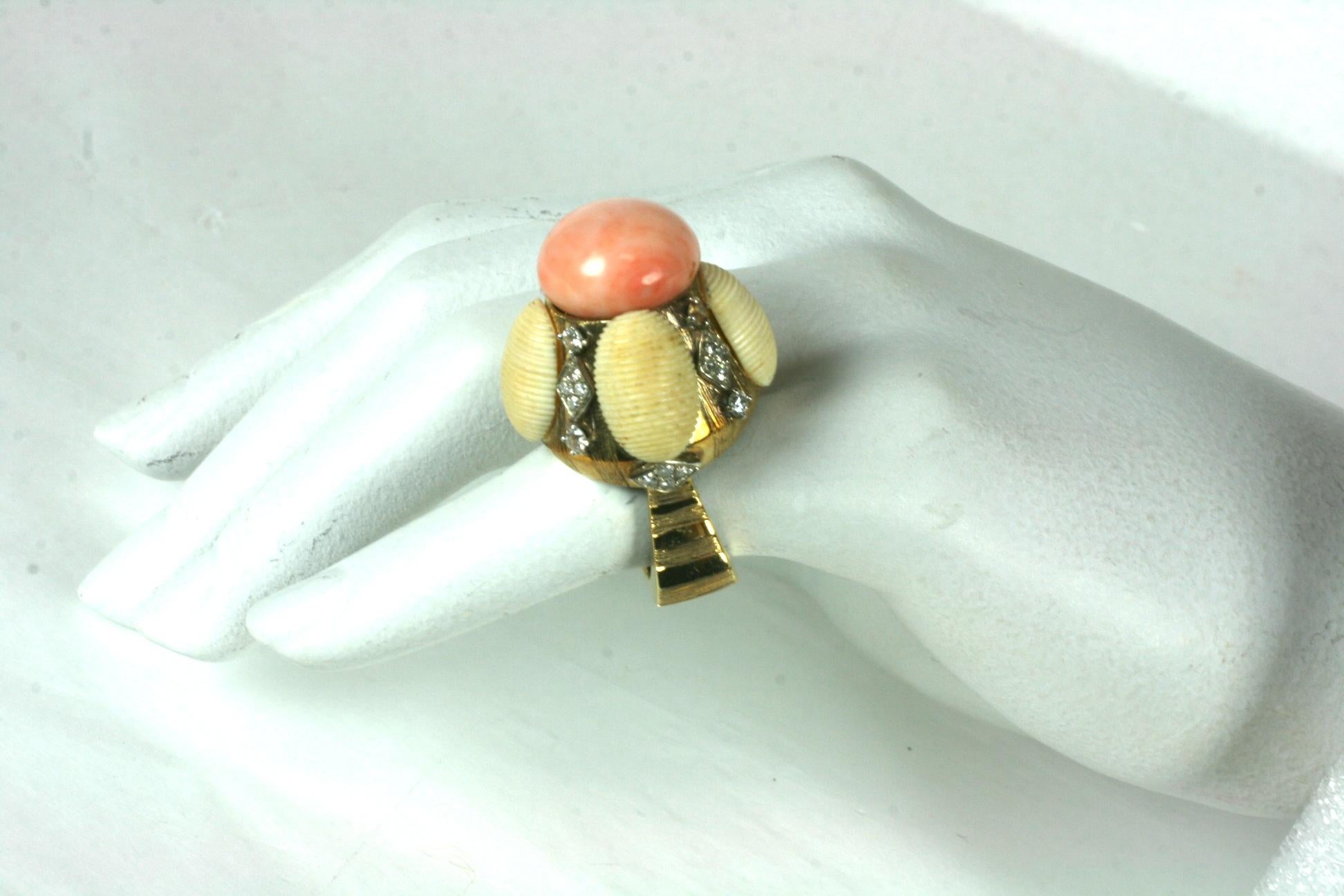 Unusual Coral and Diamond Domed Cocktail Ring For Sale 1
