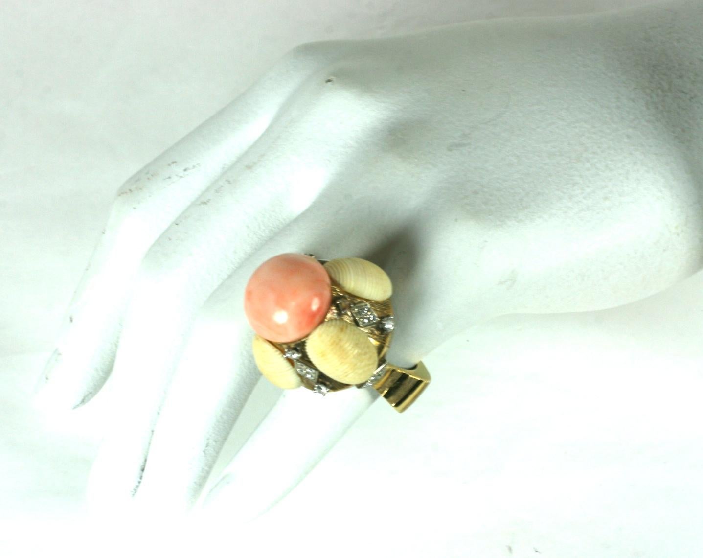 Unusual Coral and Diamond Domed Cocktail Ring For Sale 2