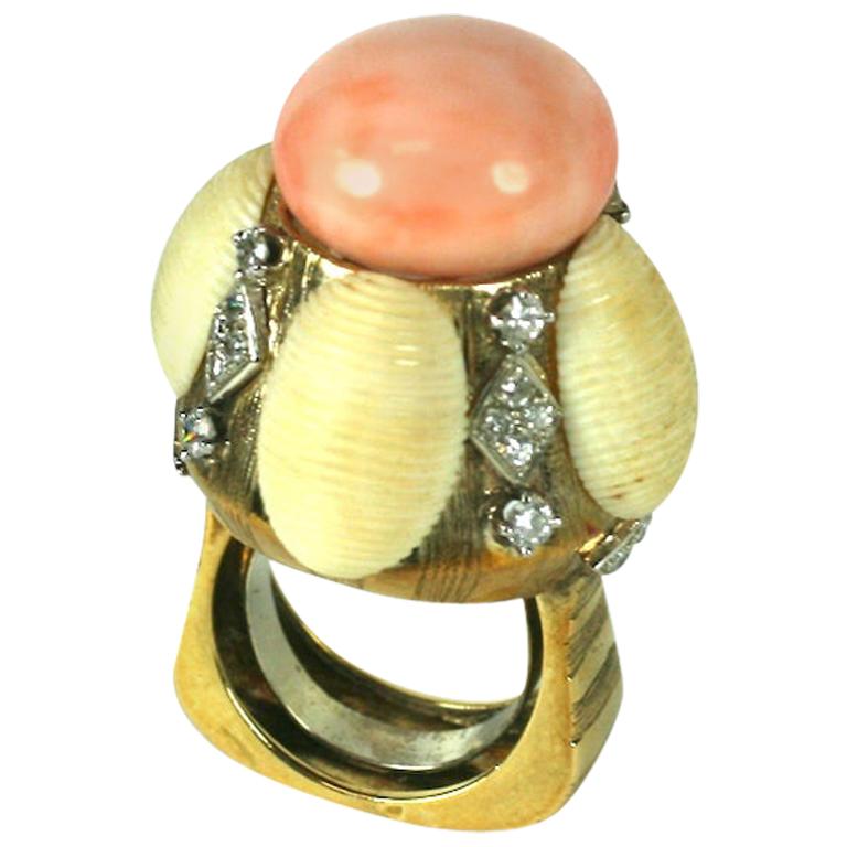 Unusual Coral and Diamond Domed Cocktail Ring