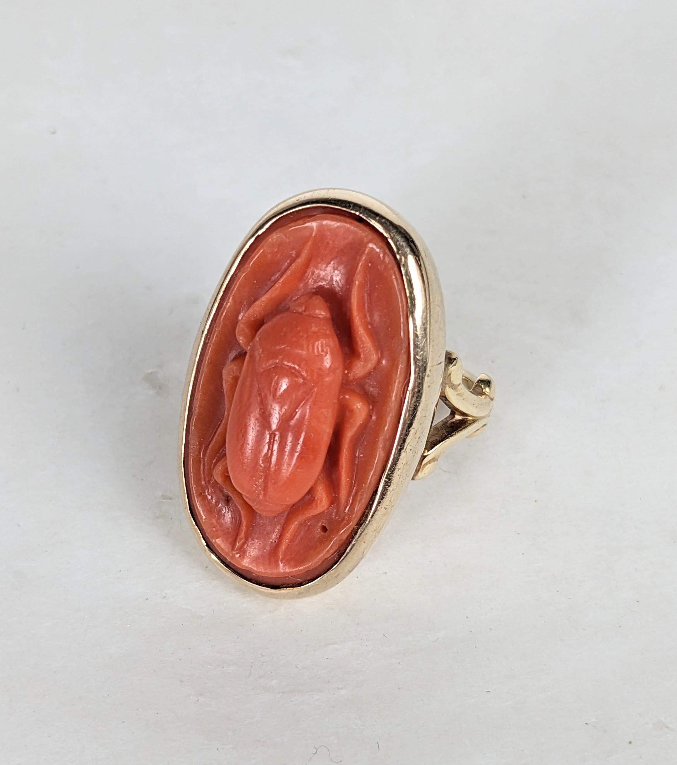 Art Deco Unusual Coral Scarab Ring For Sale