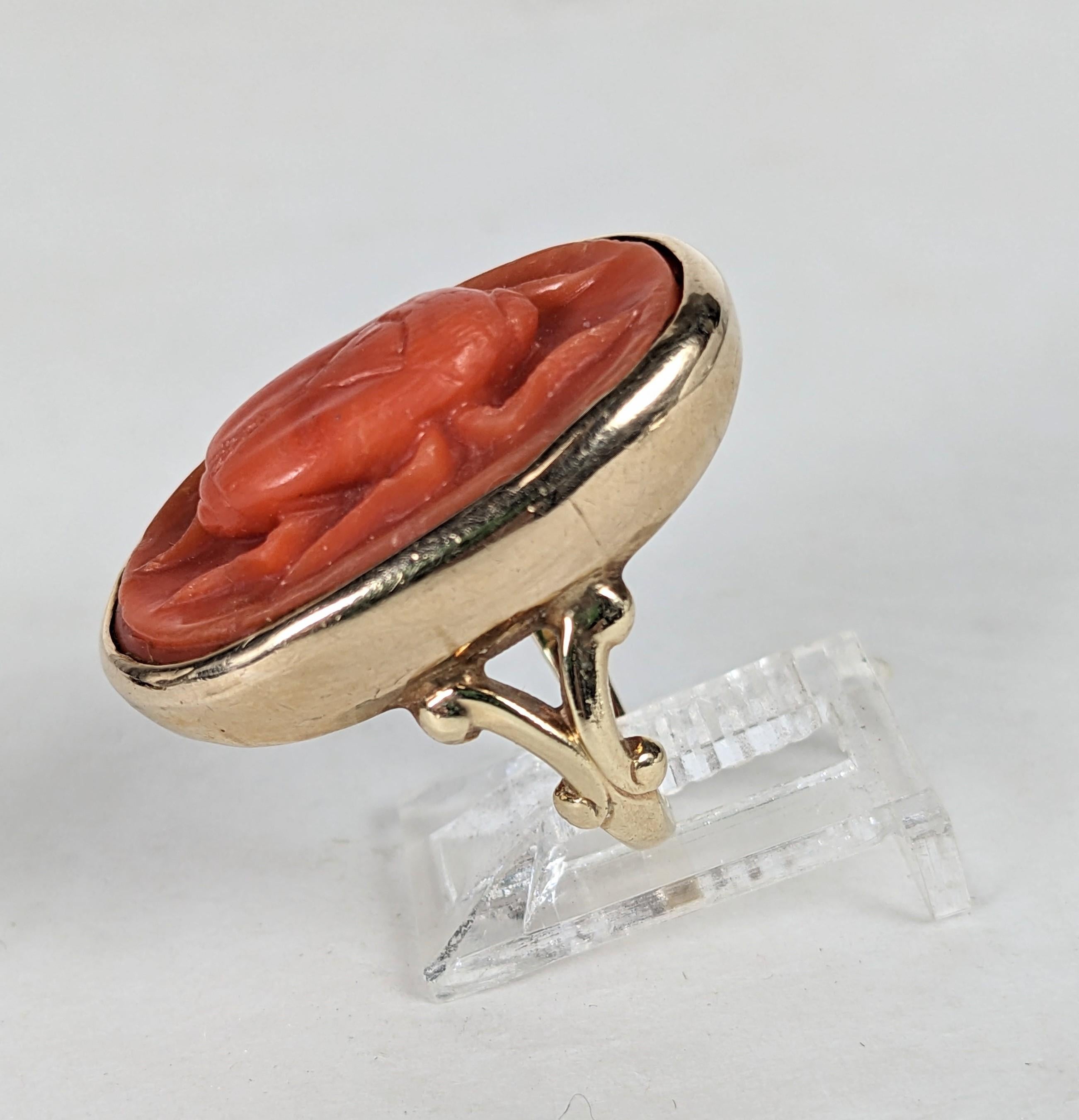 Uncut Unusual Coral Scarab Ring For Sale