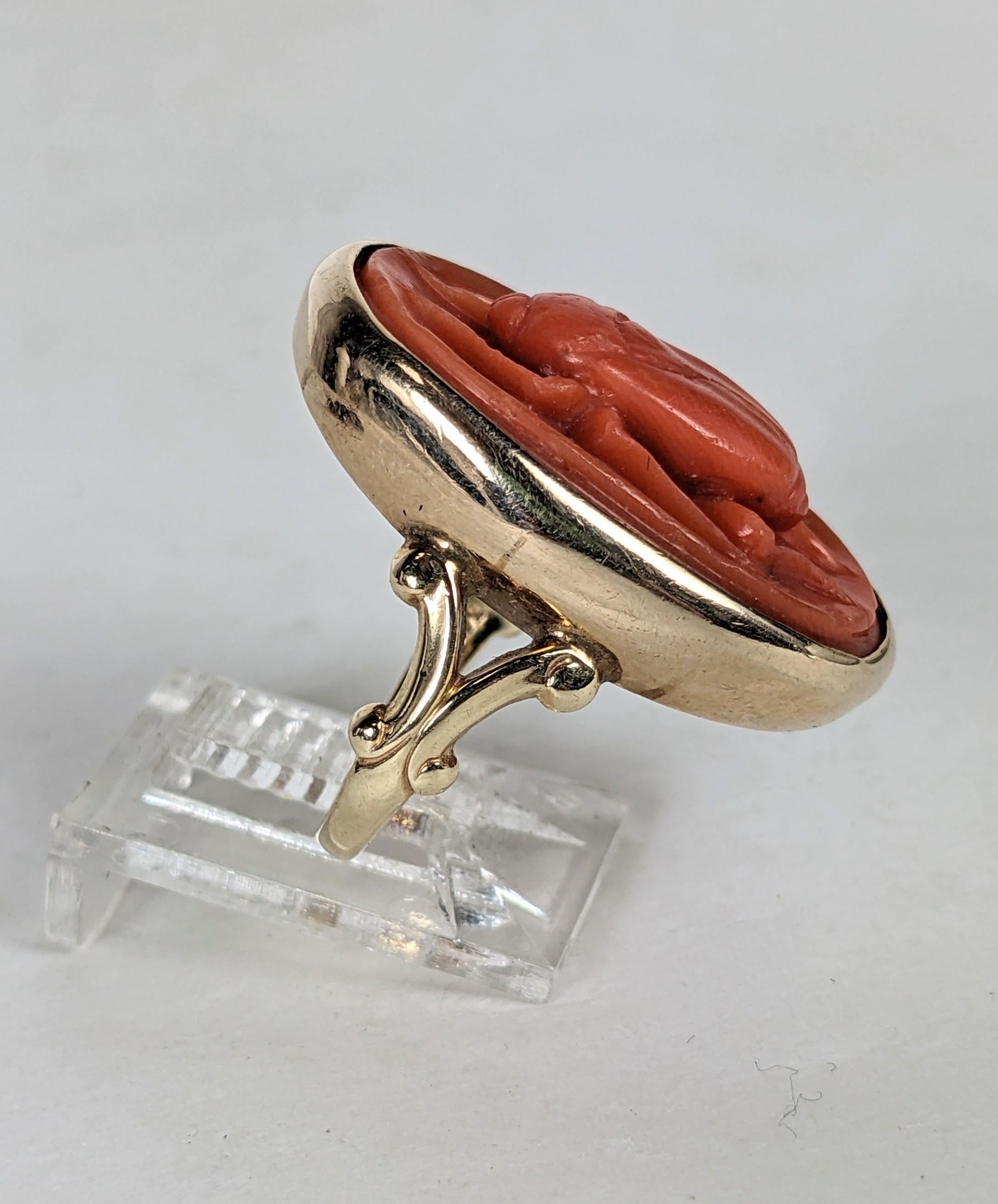 Unusual Coral Scarab Ring In Good Condition For Sale In Riverdale, NY