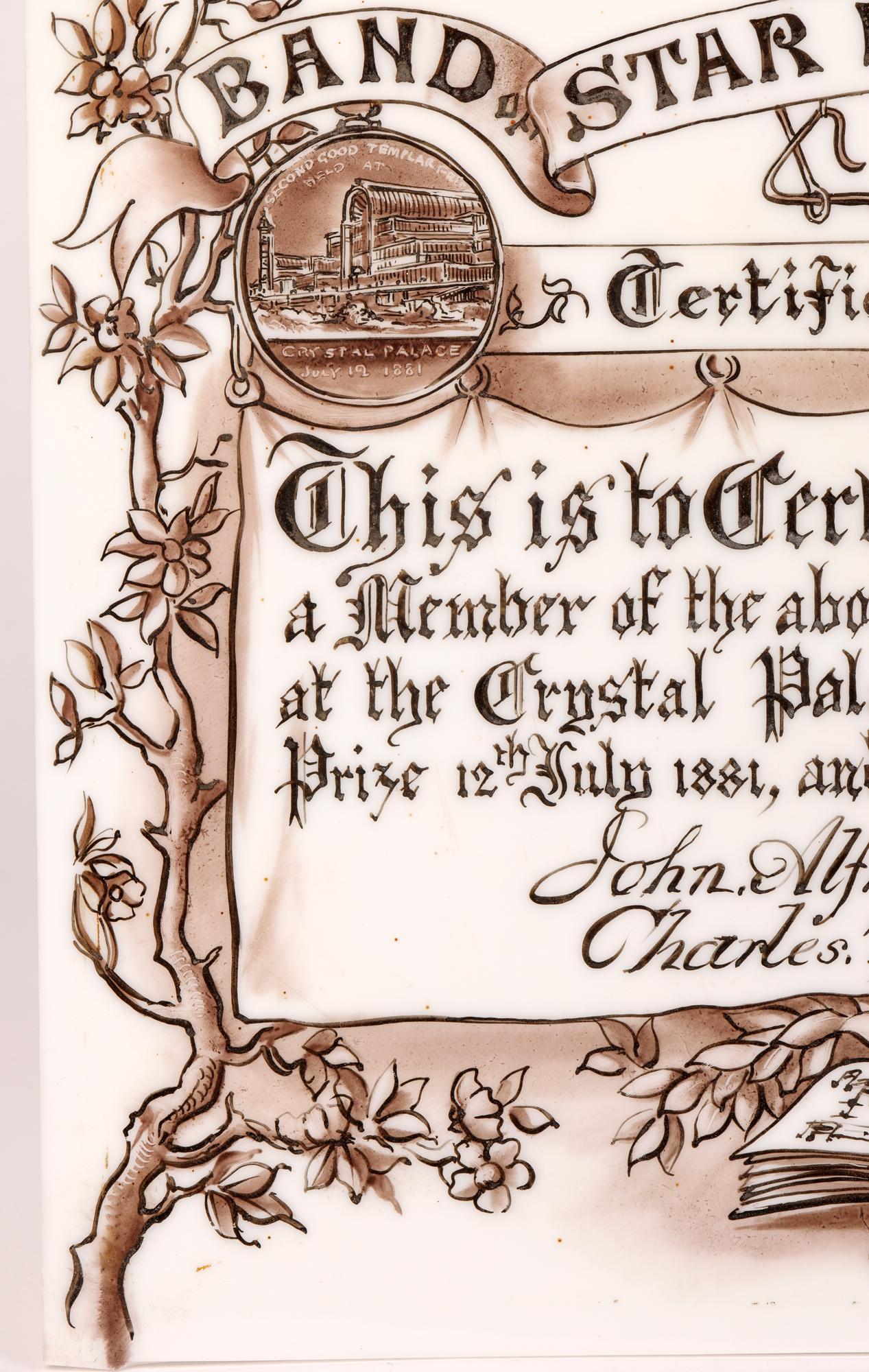 A very unusual, possibly unique, historical Certificate of Merit awarded at the drum and pipe band contest held at Crystal Palace between 1880 and 1883 and awarded in 1883. The certificate is hand-painted on a rectangular sheet of milk glass and is